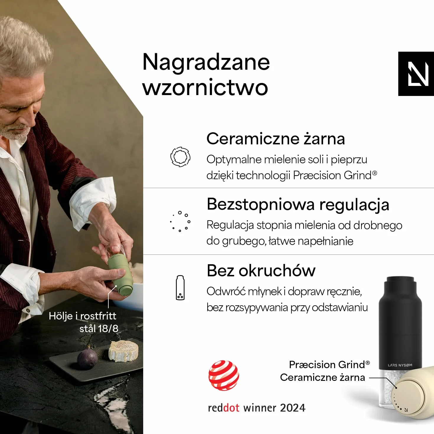 LARS NYSØM Zestaw młynków do soli i pieprzu ze stali nierdzewnej z regulowanym mechanizmem mielącym I Zestaw młynków w butelce (Black/Beige)