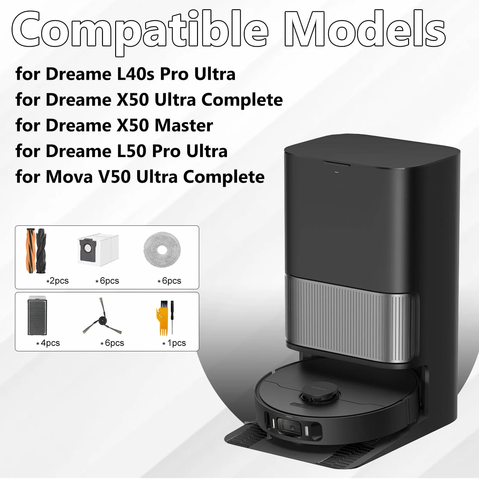 Akcesoria do Dreame L40s Pro Ultra/ X50 Ultra Complete/X50 Master/ L50 Pro Ultra i do odkurzacza Mova V50 Ultra Complete, 2 szczotki główne, 4 filtry, 6 worków do kurzu, 6 ściereczek, 6 szczotek