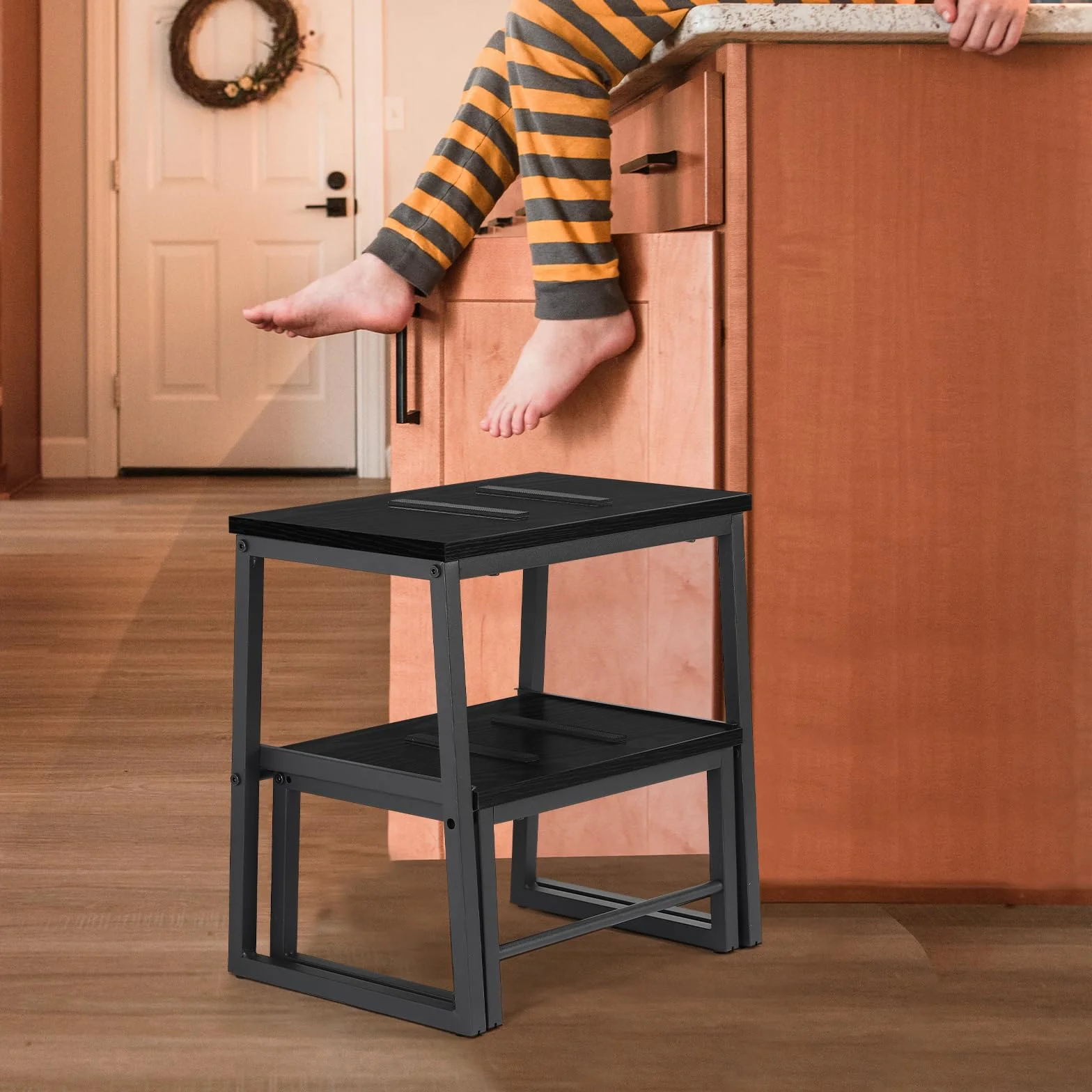 LIANTRAL 2 w 1 stołek dla dorosłych i dzieci, 2 poziomy, drewniany taboret o nośności 160 kg, metalowa rama, podnóżek do łóżka piętrowego, antypoślizgowy taboret do kuchni, biura, zamek błyskawiczny