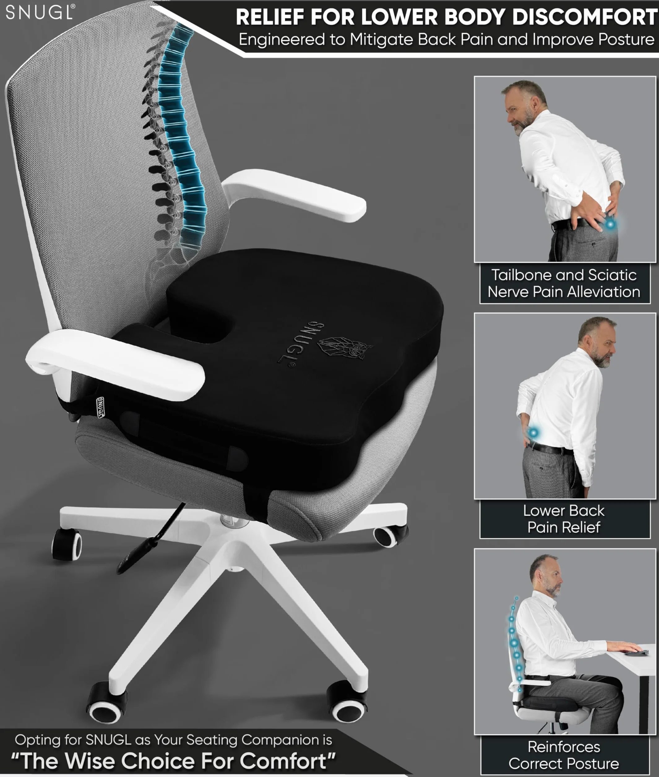SNUGL Poduszka Ortopedyczna na Kość Ogonową Pianka Memory Ergonomiczna Poduszka na Krzesło Biurowe Fotel Samochodowy Wózek Inwalidzki Gamingowy Wsparcie Pleców Komfort Siedzenia