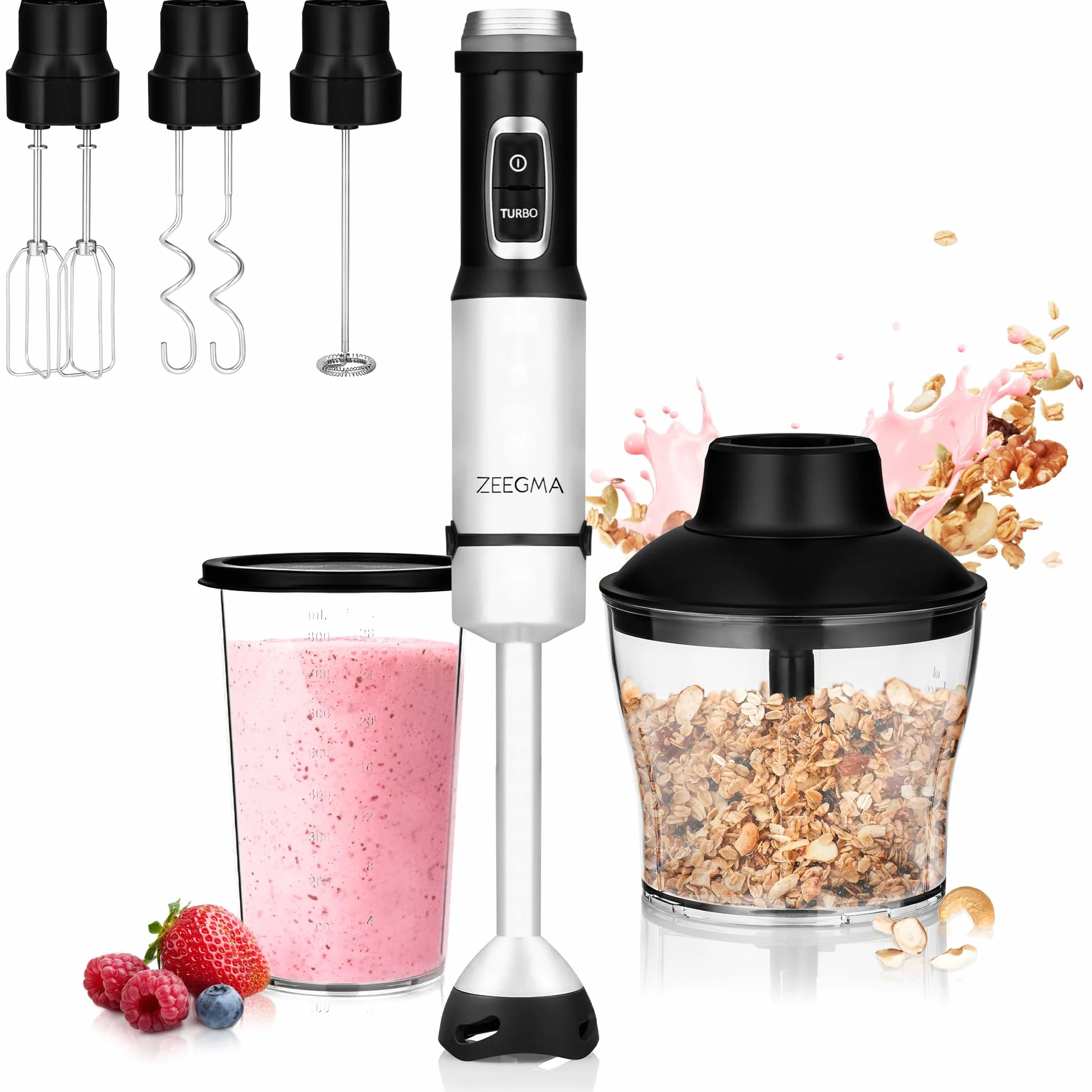 ZEEGMA Handy Chef blender ręczny 5w1 wielofunkcyjny o mocy 1500W, zestaw końcówek: blendująca, miksująca, ubijająca, hak do mieszania, malakser 0,6 l, pojemnik 0,8l, tryb turbo, regulacja prędkości