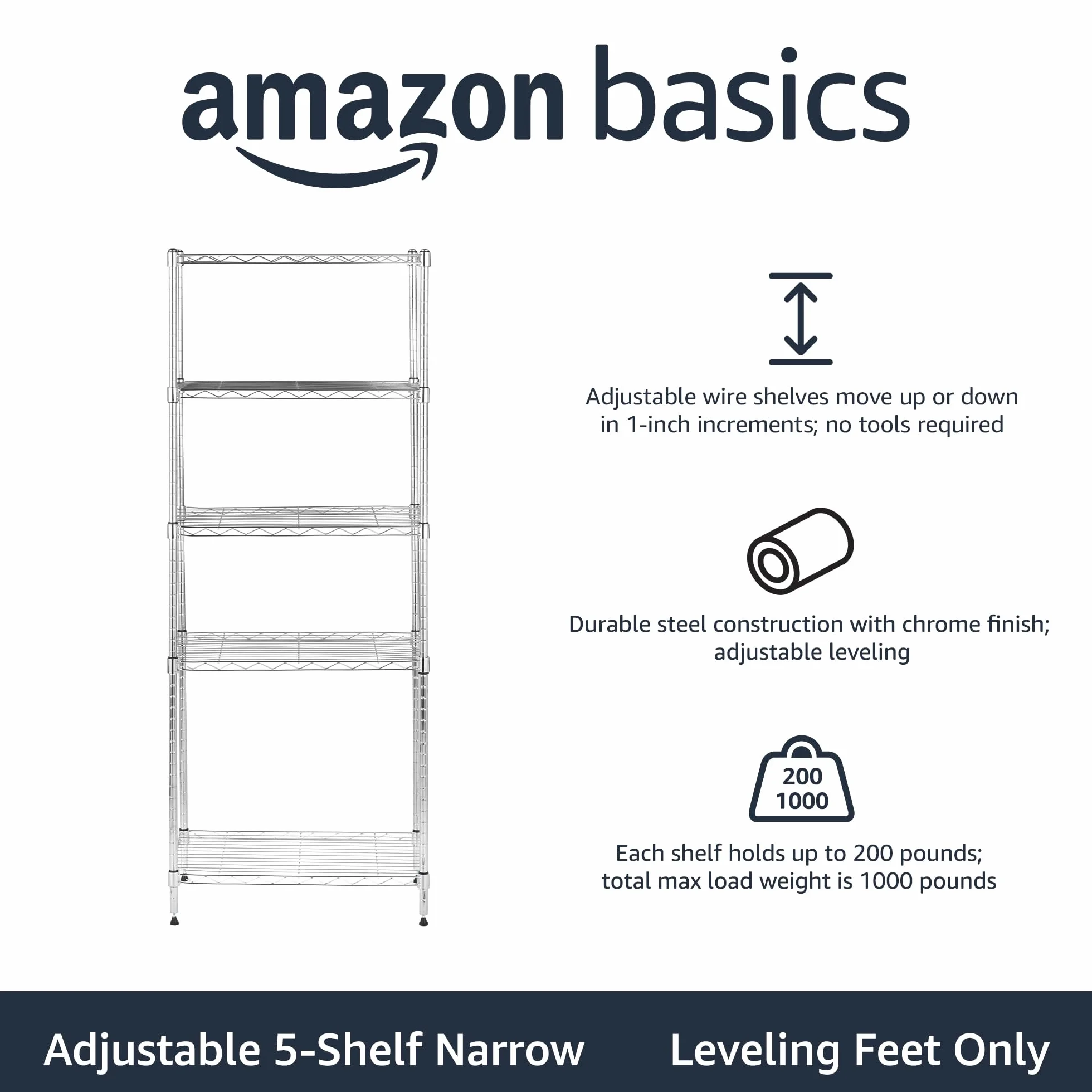 Amazon Basics Wąska szafka do przechowywania, z 5 półkami o regulowanej wysokości, z nóżkami poziomującymi, udźwig maksymalny 453 kg, 34 x 58,9 x 152,5 cm (gł. x szer. x wys.), chrom