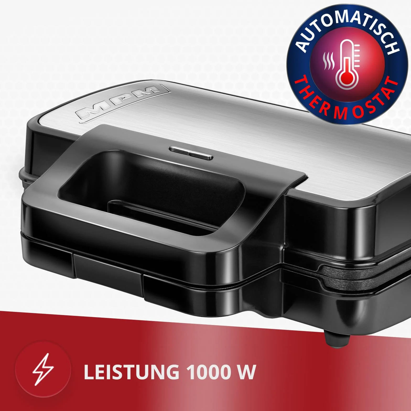 MPM - MOP 43M – Opiekacz kuchenny 3 w 1 - Opiekacz do kanapek + grill + gofrownica - Na 4 trójkątne kanapki lub 2 gofry – Wymienne płyty z nieprzywierającą powłoką - 1000 W - Termostat