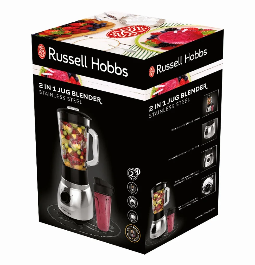 Russell Hobbs blender, blender kielichowy, pojemność 1,5l, pojemność butelki przenośnej 600ml, dwa poziomy prędkości i funkcja mielenia, moc 600W, srebny, Stainless Steel 2w1 23821-56