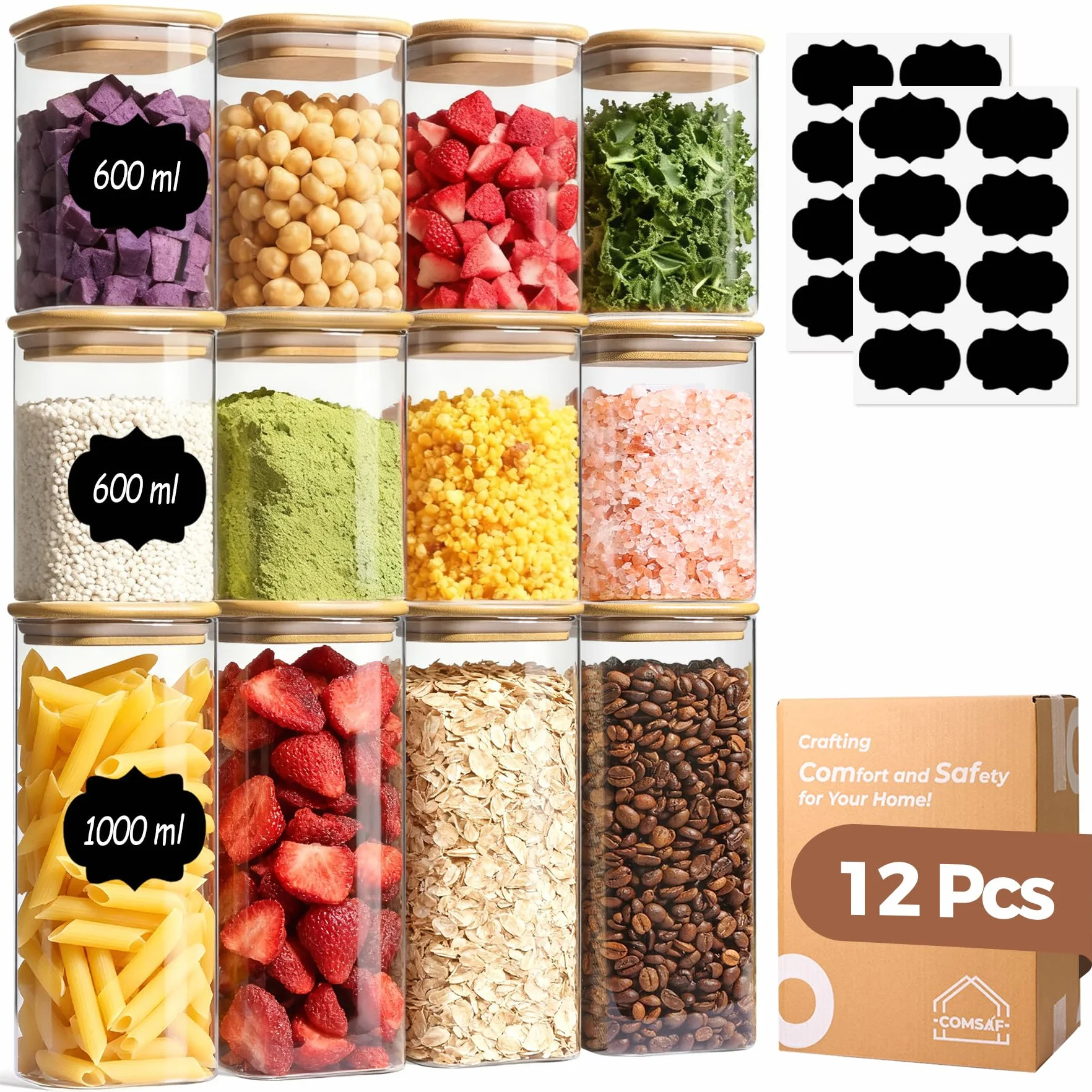 Comsaf Słoiki do Przechowywania, Szklane Słoiki z Bambusowymi Pokrywkami, 600-1000 ml, Zestaw 12 Sztukik, Odpowiedni do Orzechy Nerkowca, Suszony Ser, Kawałki Orzechów Nerkowca