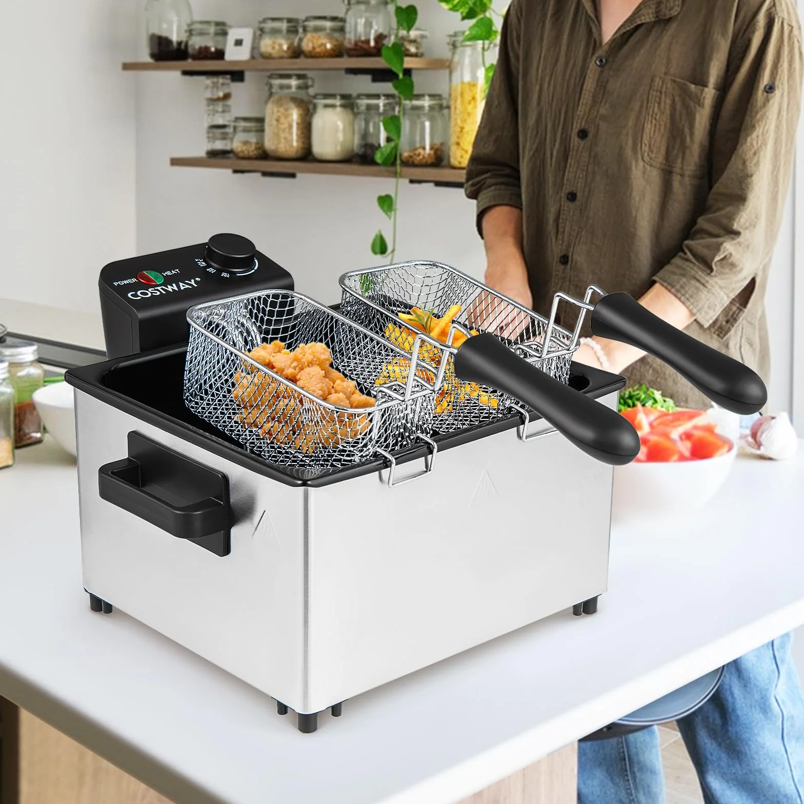 COSTWAY Elektryczna frytkownica olejowa 2000 W, 5 l, stal nierdzewna, 3 kosze, regulowana temperatura i pokrywa okienna, frytkownica na tłuszcz do kuchni i użytku domowego