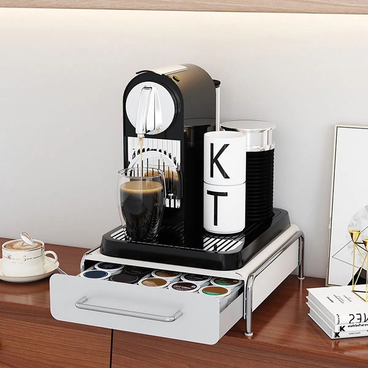 Kapsułka do kawy z wysuwaną szufladą i panelem siatkowym – wydajne rozwiązanie do przechowywania w kuchni do kapsułek Nespresso, Keurig i Dolce Gusto