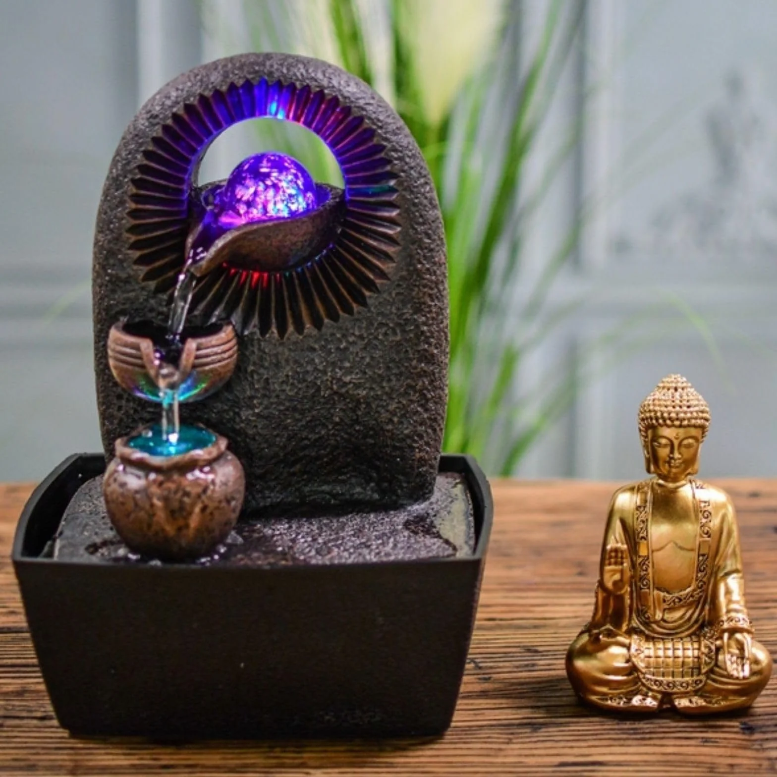 Zen'Light - Fontanna pokojowa Budda Bhava – dekoracja Zen, idealna do medytacji i relaksu – fontanna stołowa z zamkniętym obiegiem – zmieniające się kolory oświetlenie LED, woda przepływa na 3
