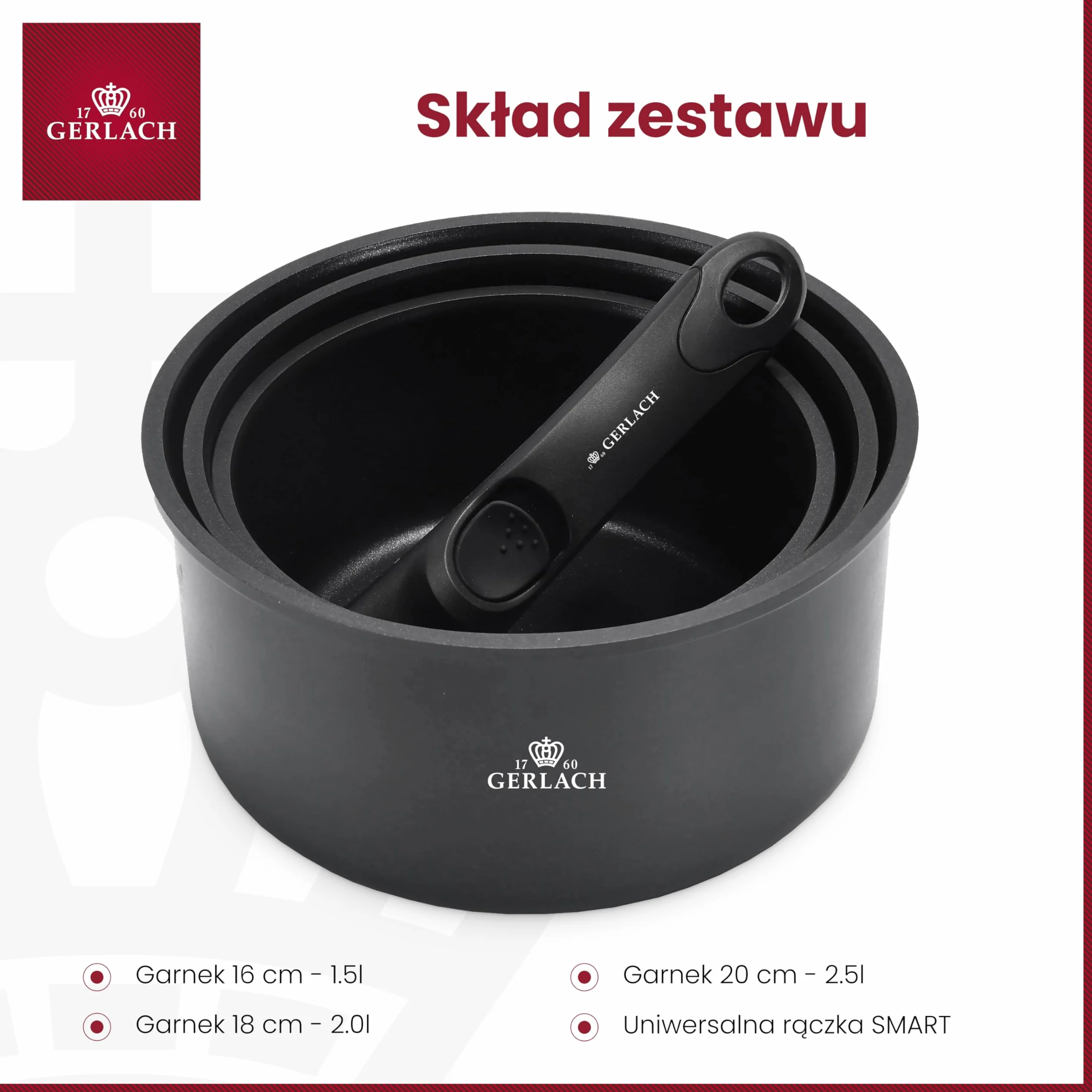 Gerlach Smart Zestaw Garnków Ceramicznych 16 cm 18 cm 20 cm Czarny