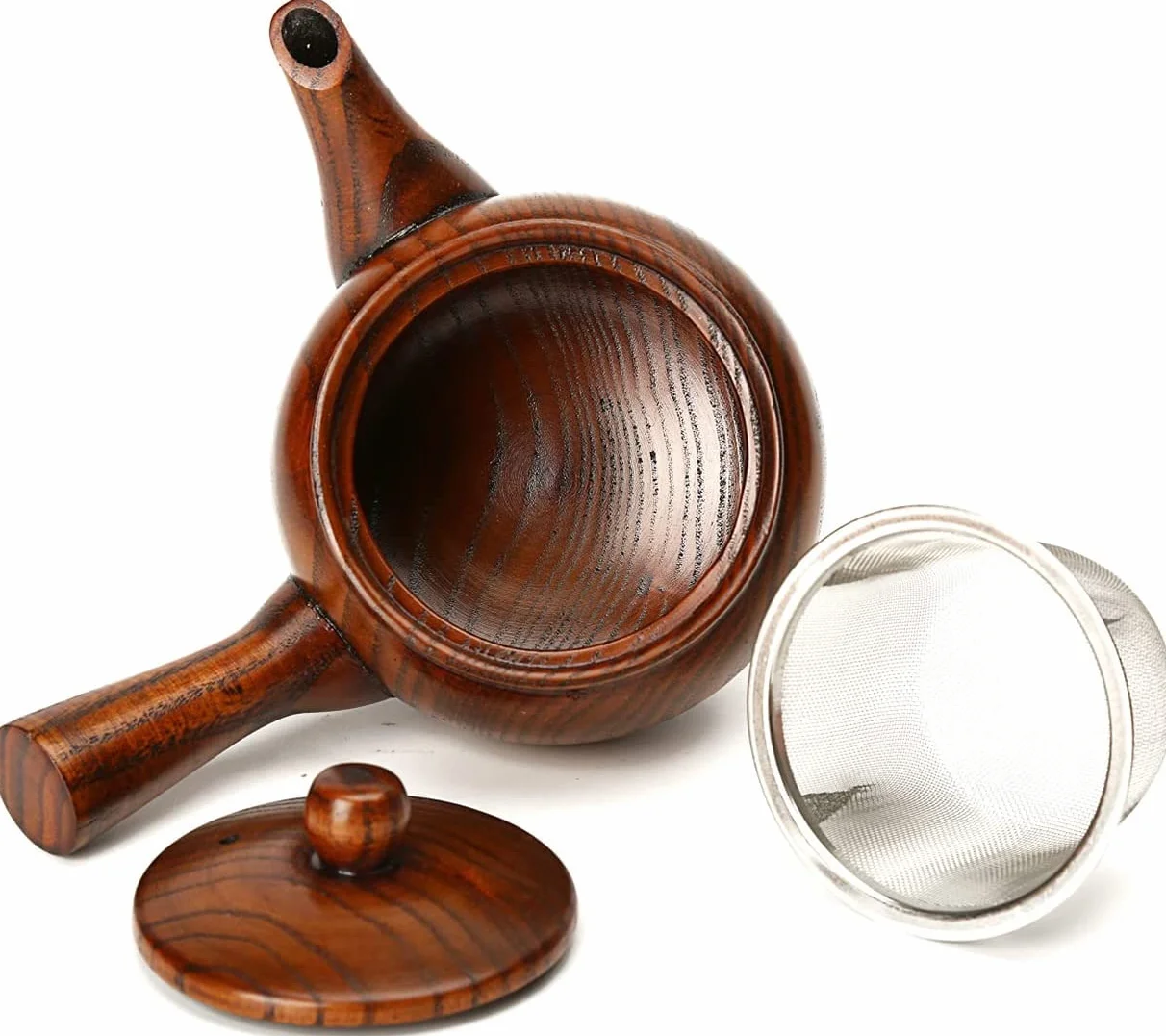 Klasyczny drewniany dzbanek do herbaty z drewnianymi filiżankami, czajniczek ze zdejmowanym filtrem zaparzacza ze stali nierdzewnej, czajnik do herbaty na herbatę, kawę (czajniczek + 2 filiżanki do herbaty)