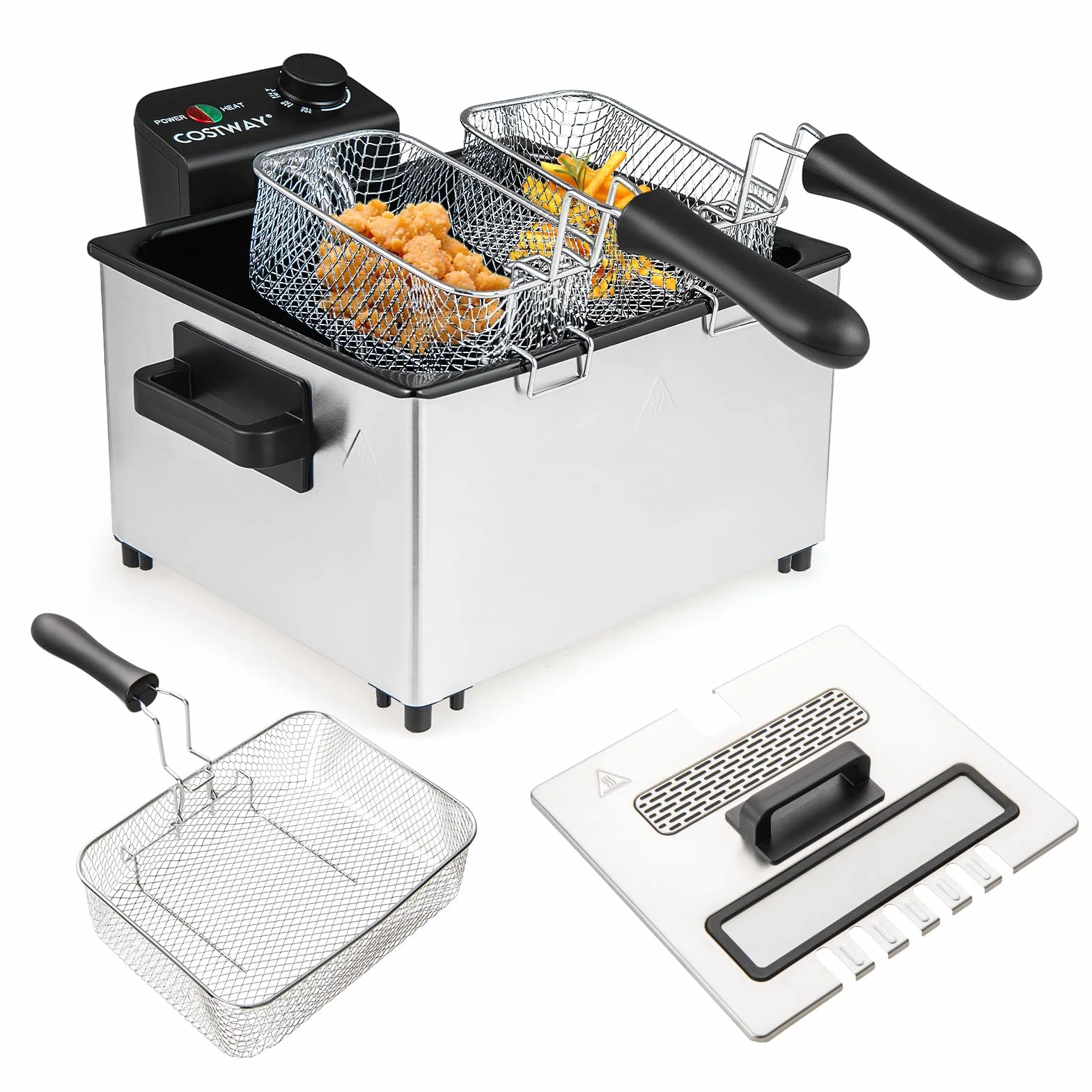 COSTWAY Elektryczna frytkownica olejowa 2000 W, 5 l, stal nierdzewna, 3 kosze, regulowana temperatura i pokrywa okienna, frytkownica na tłuszcz do kuchni i użytku domowego