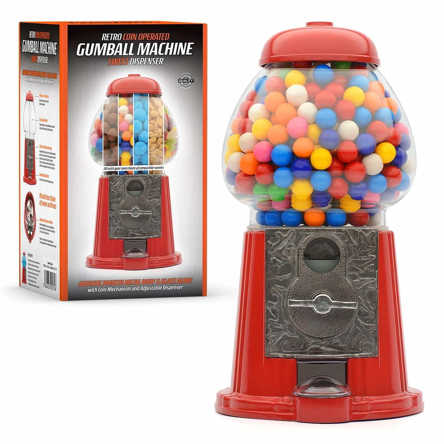 CKB LTD Duża maszyna do Gumball retro dozownik słodyczy skarbonka na monety 28 cm czerwony
