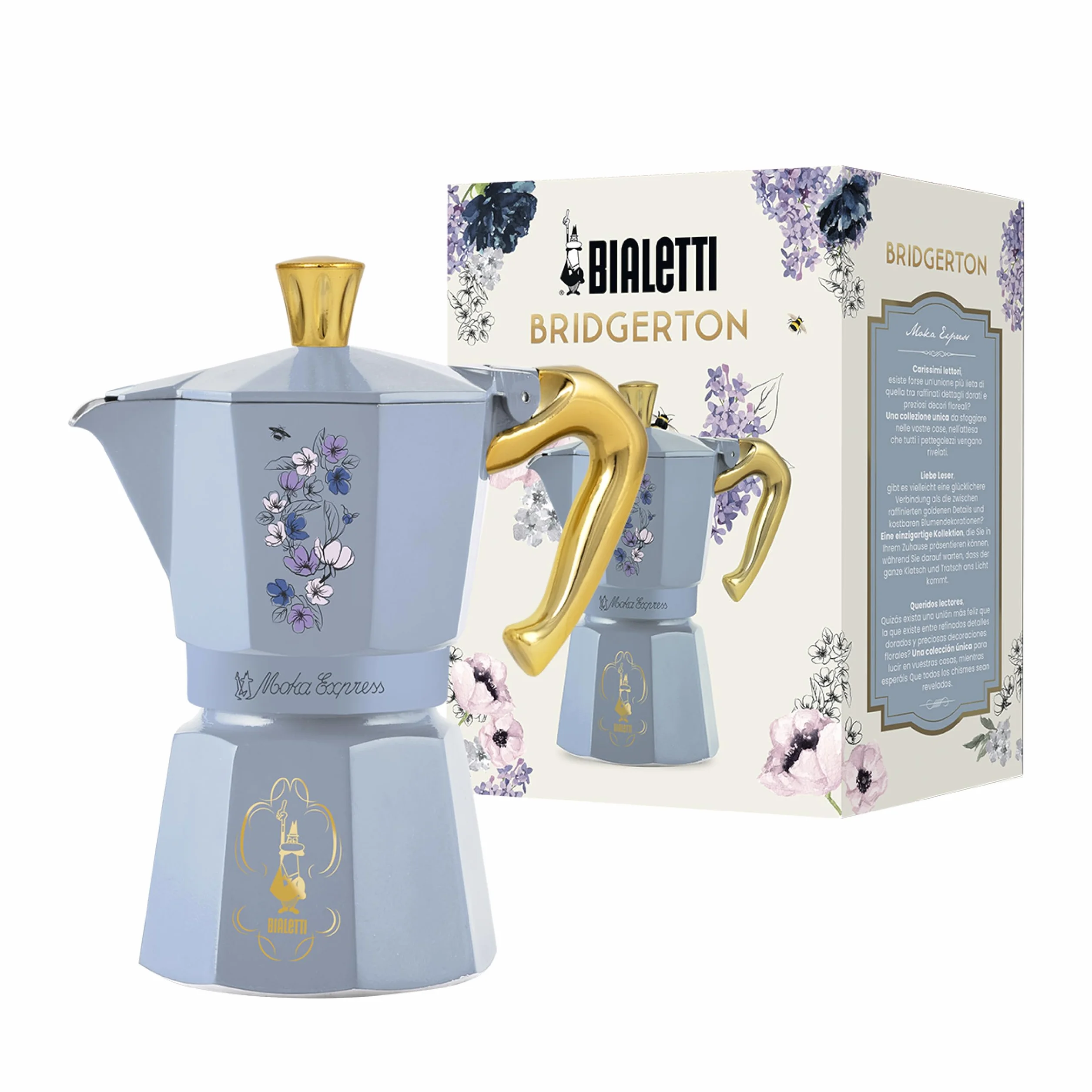 Bialetti Moka Express Bridgerton 6 filiżanek, uchwyt zapobiegający oparzeniom, nie nadaje się do indukcji, 6 filiżanek (270 ml), aluminium