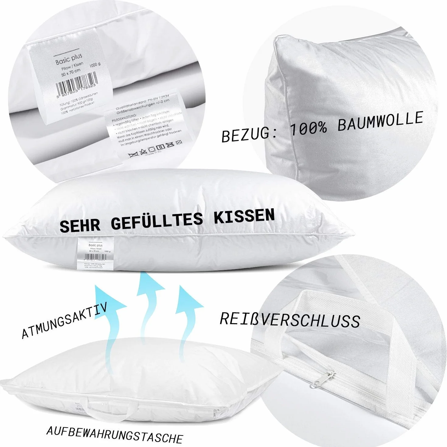 H&F Heimtextilien Jakość premium, poduszka 50 x 70 cm, 1000 g, puch gęsi, 100% naturalny, trójkomorowa poduszka, poszewka: 100% bawełna, 3-komorowa poduszka puchowa, certyfikat Oeko-TEX