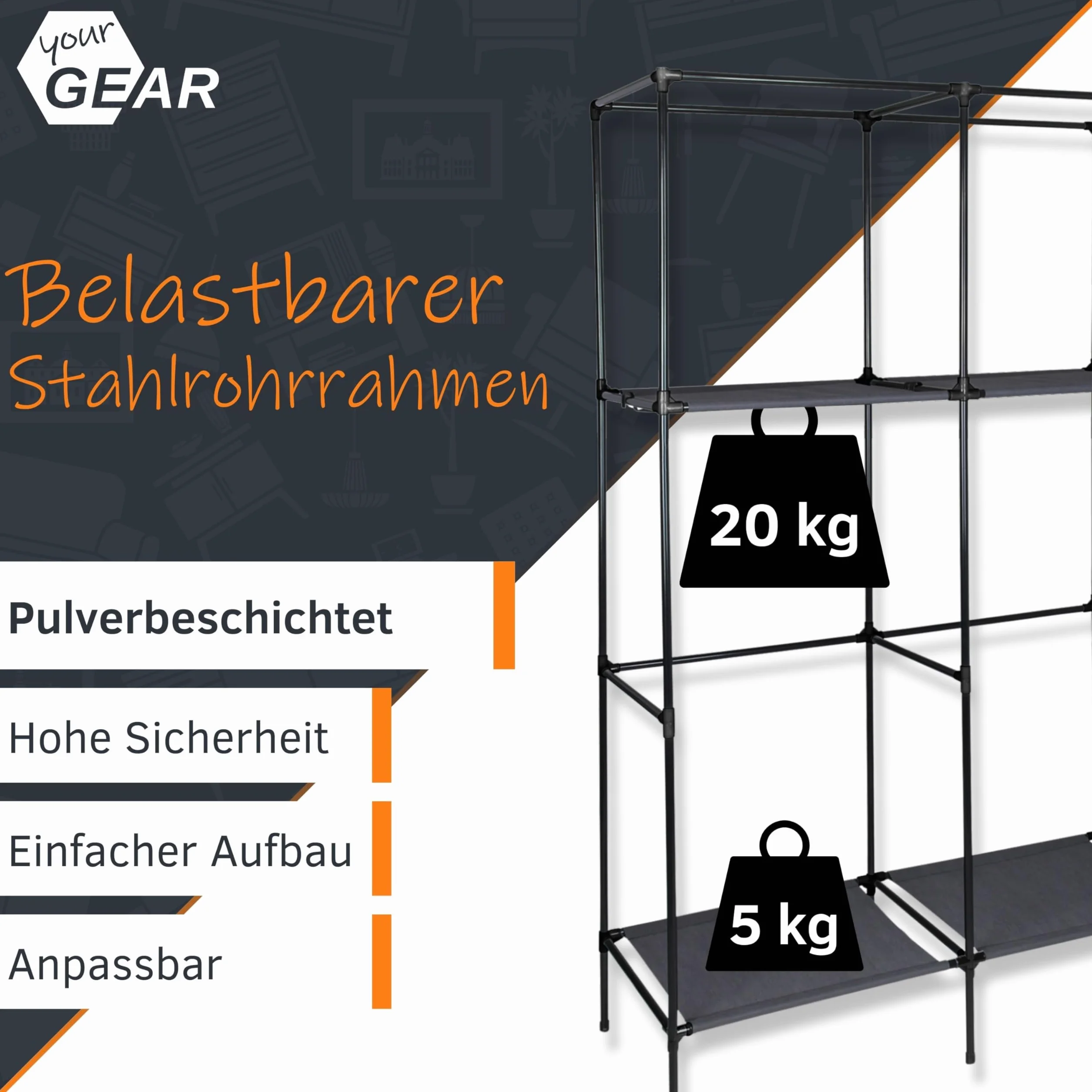 your GEAR Szafa na ubrania Grado 108x45x175 cm materiałowa 2 drążki 4 półki