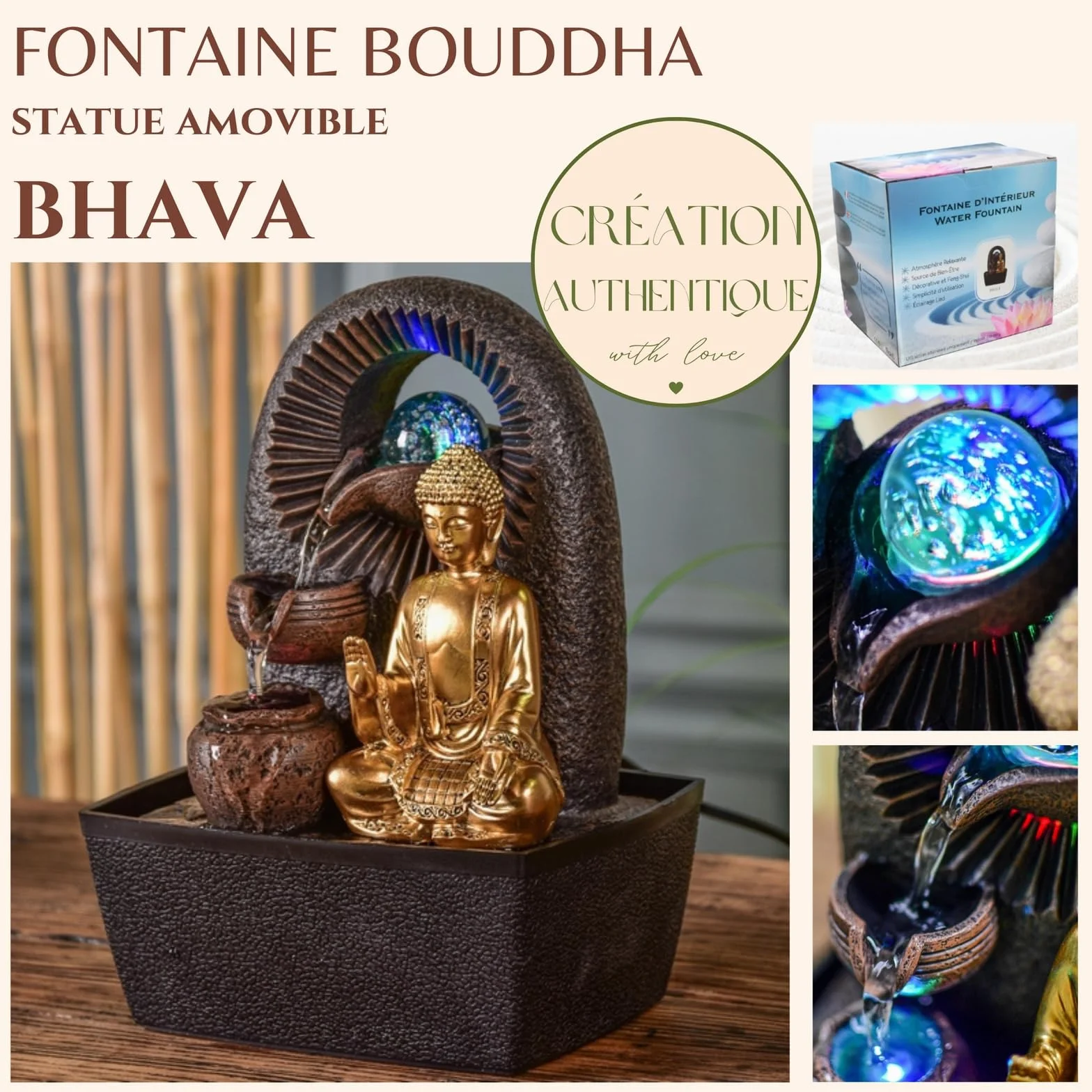 Zen'Light - Fontanna pokojowa Budda Bhava – dekoracja Zen, idealna do medytacji i relaksu – fontanna stołowa z zamkniętym obiegiem – zmieniające się kolory oświetlenie LED, woda przepływa na 3