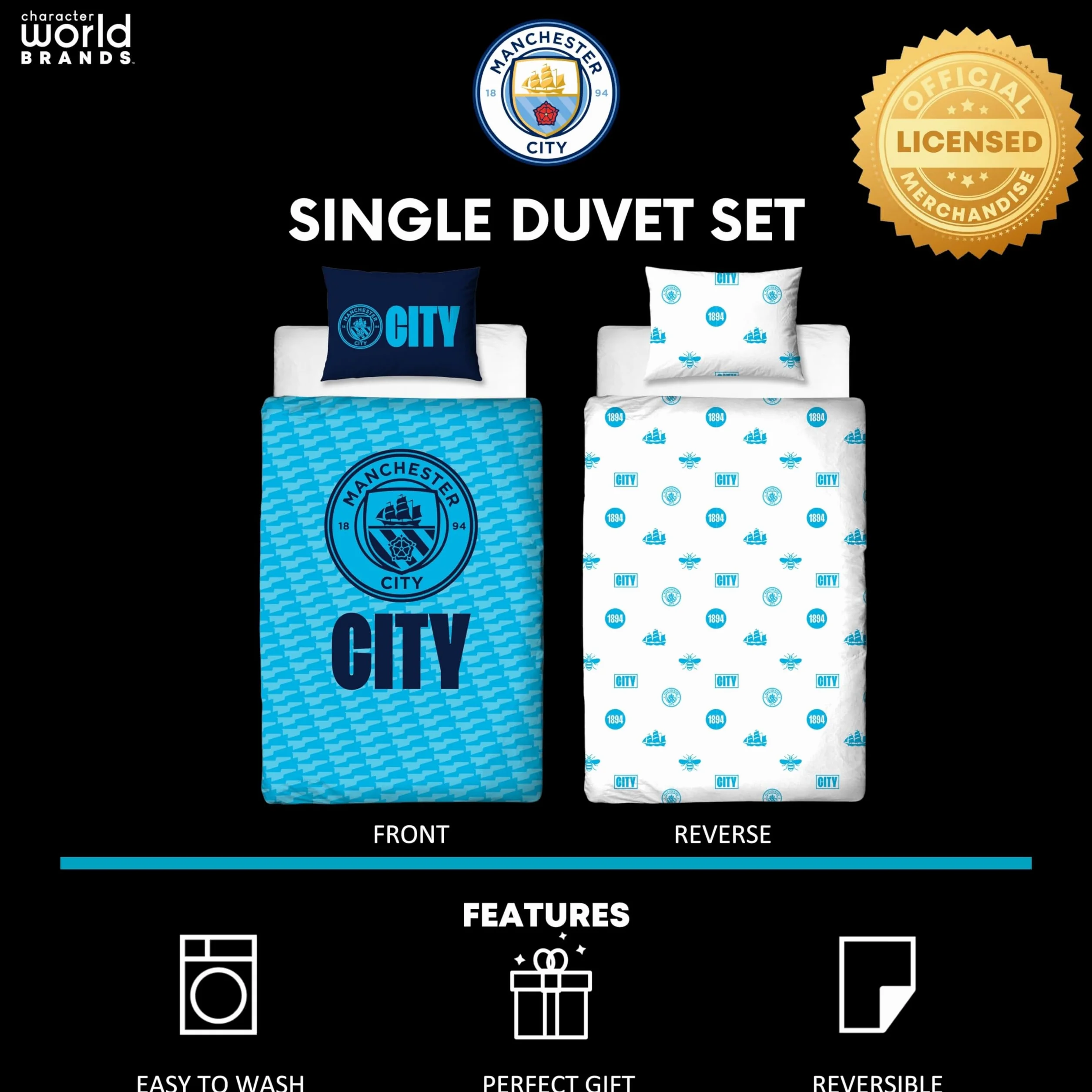 Manchester City Oficjalny Zestaw Poszewek na Kołdrę FC Character World Crestcol Niebieska Dwustronna Piłkarska