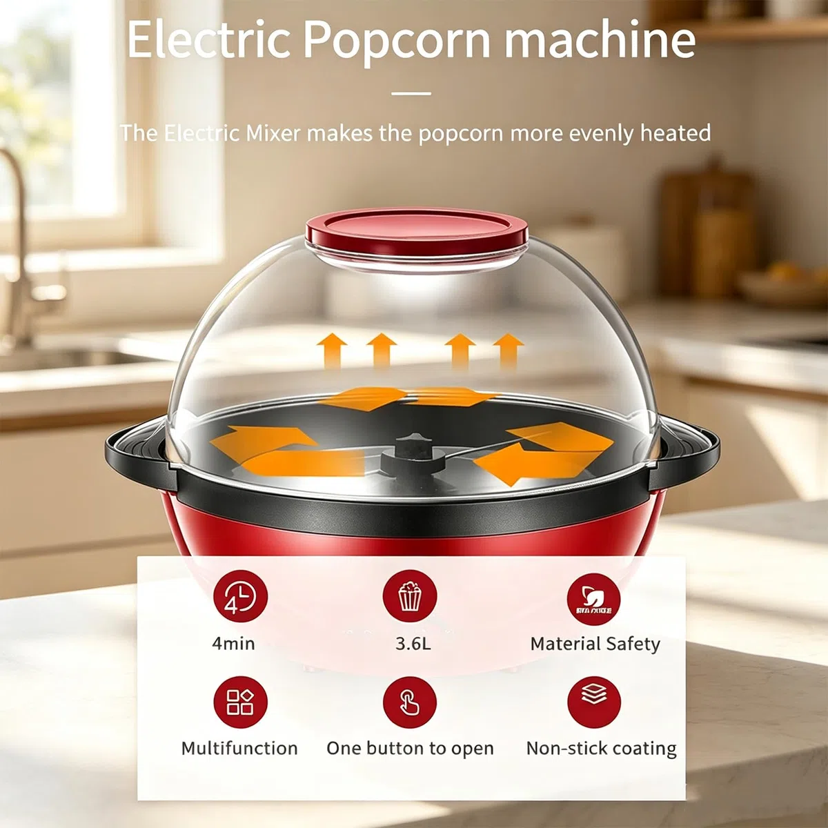 Elektryczny wyrzutnik popcornu 850W, sterowanie jednym przyciskiem | Maszyna do popcornu o dużej pojemności 3,6L z wbudowaną mieszadłem, nieprzywierającą patelnią