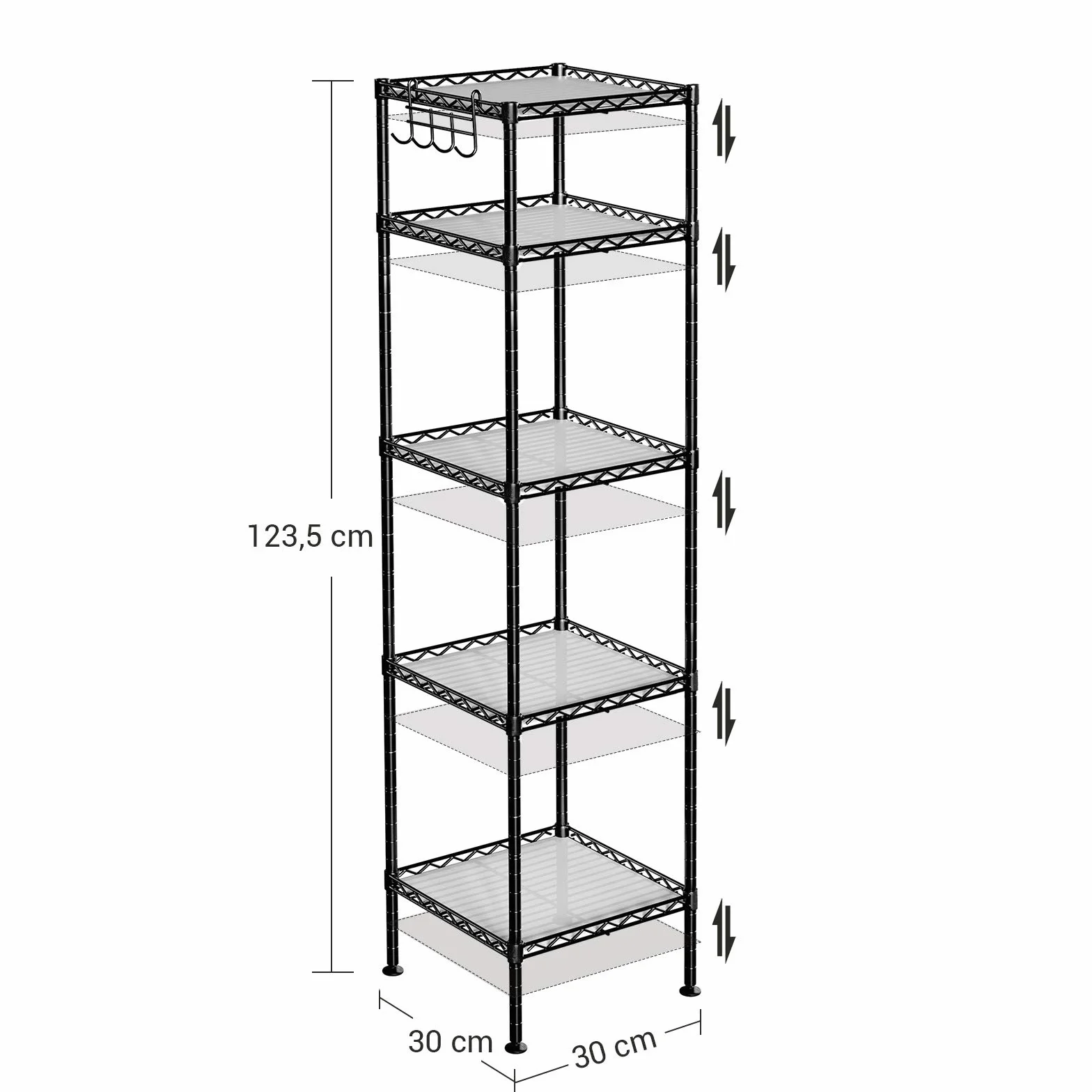 SONGMICS Półka łazienkowa, półka stojąca z metalu, wytrzymała, obciążenie do 100 kg, z 5 panelami PP, z wyjmowanymi haczykami, 30 x 30 x 123,5 cm, do małych pomieszczeń, czarna LGR23BK