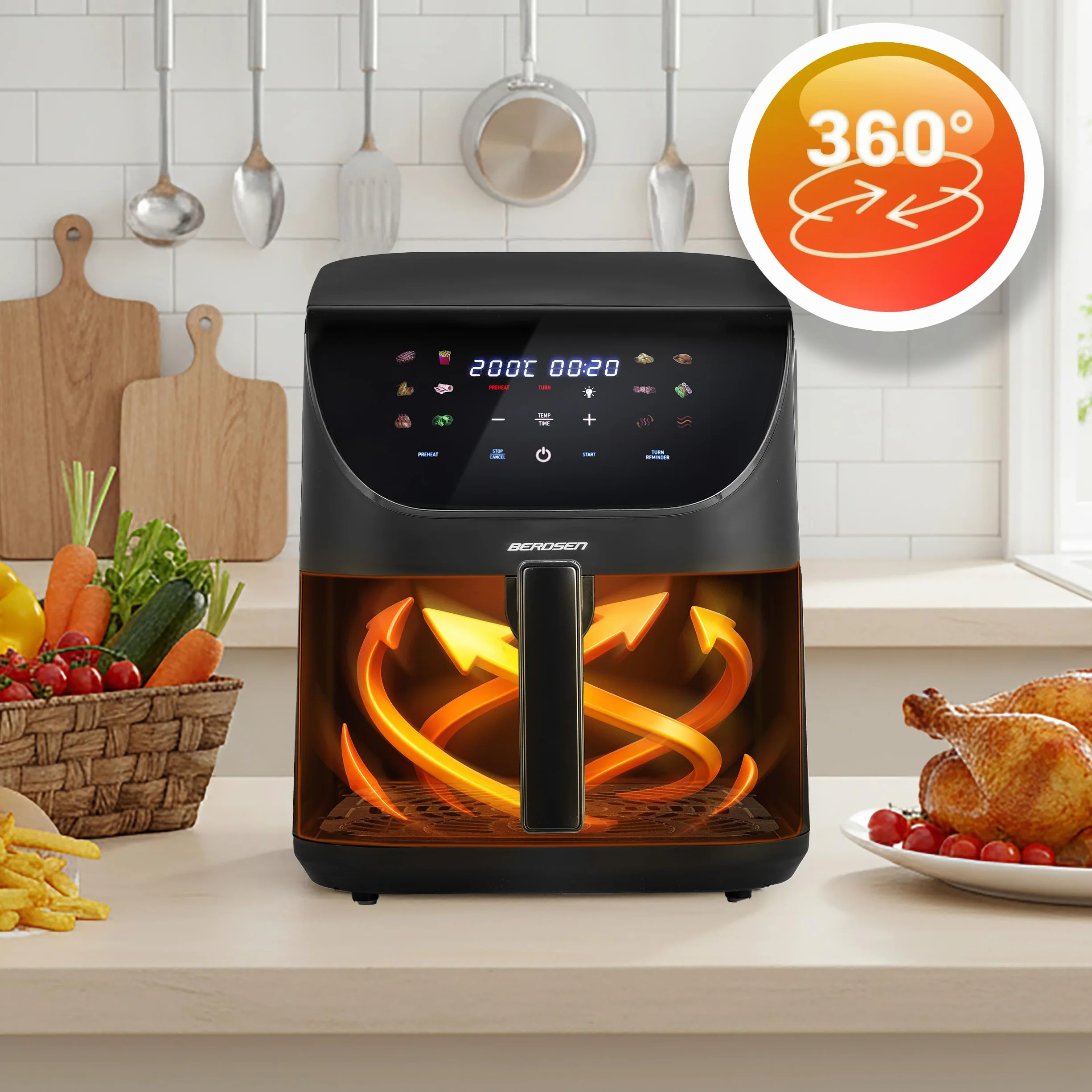 Berdsen Frytkownica Beztłuszczowa XXL 8L Airfryer z Okienkiem Ekranem Dotykowym 1700W 12 Programów Czarna
