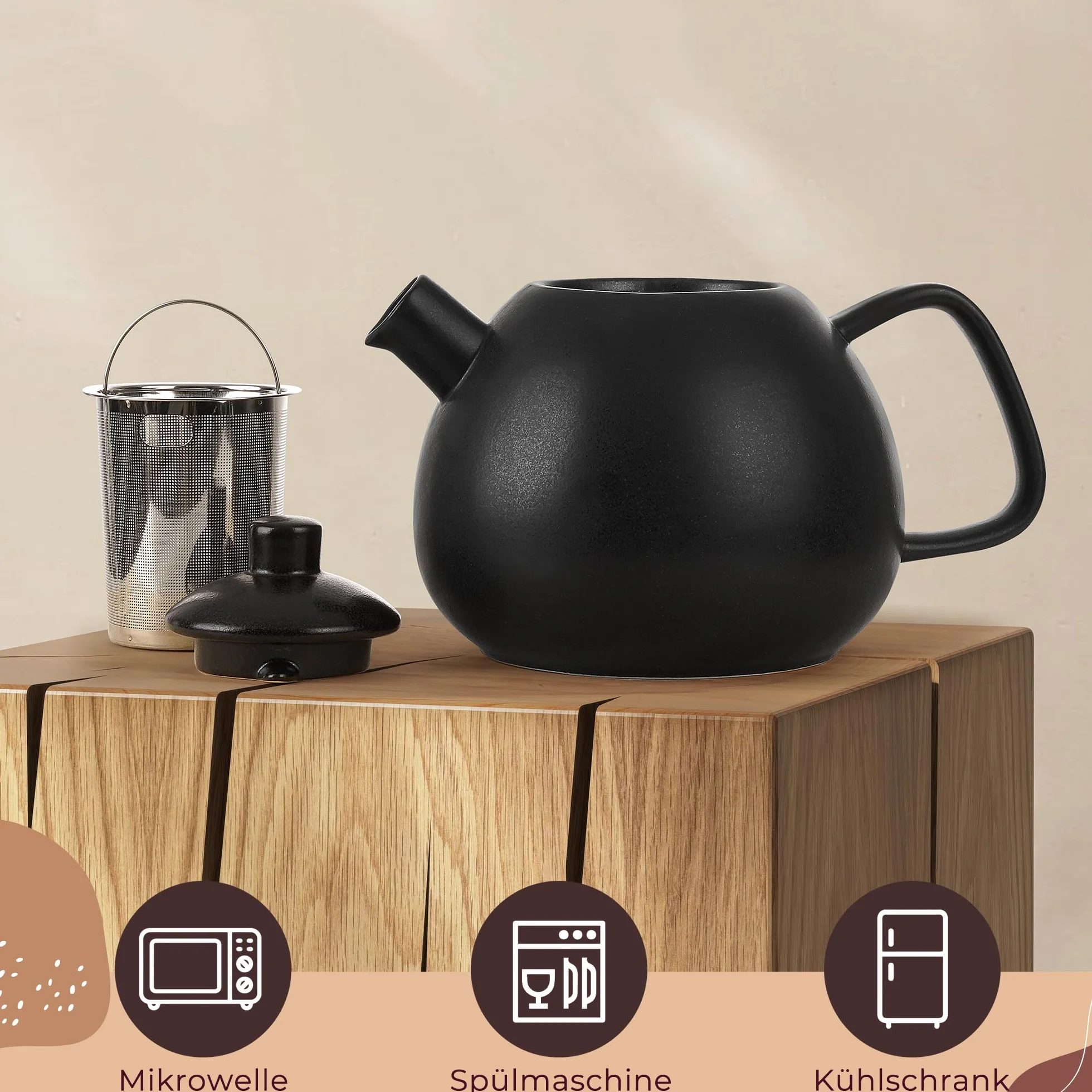 Duża dzbanka do herbaty z sitkiem - 1,4 l - dzbanka do herbaty ceramiczna - nowoczesna dzbanka do herbaty z sitkiem na luźną herbatę, trwała i neutralna w zakresie aromatu (Antracyt)