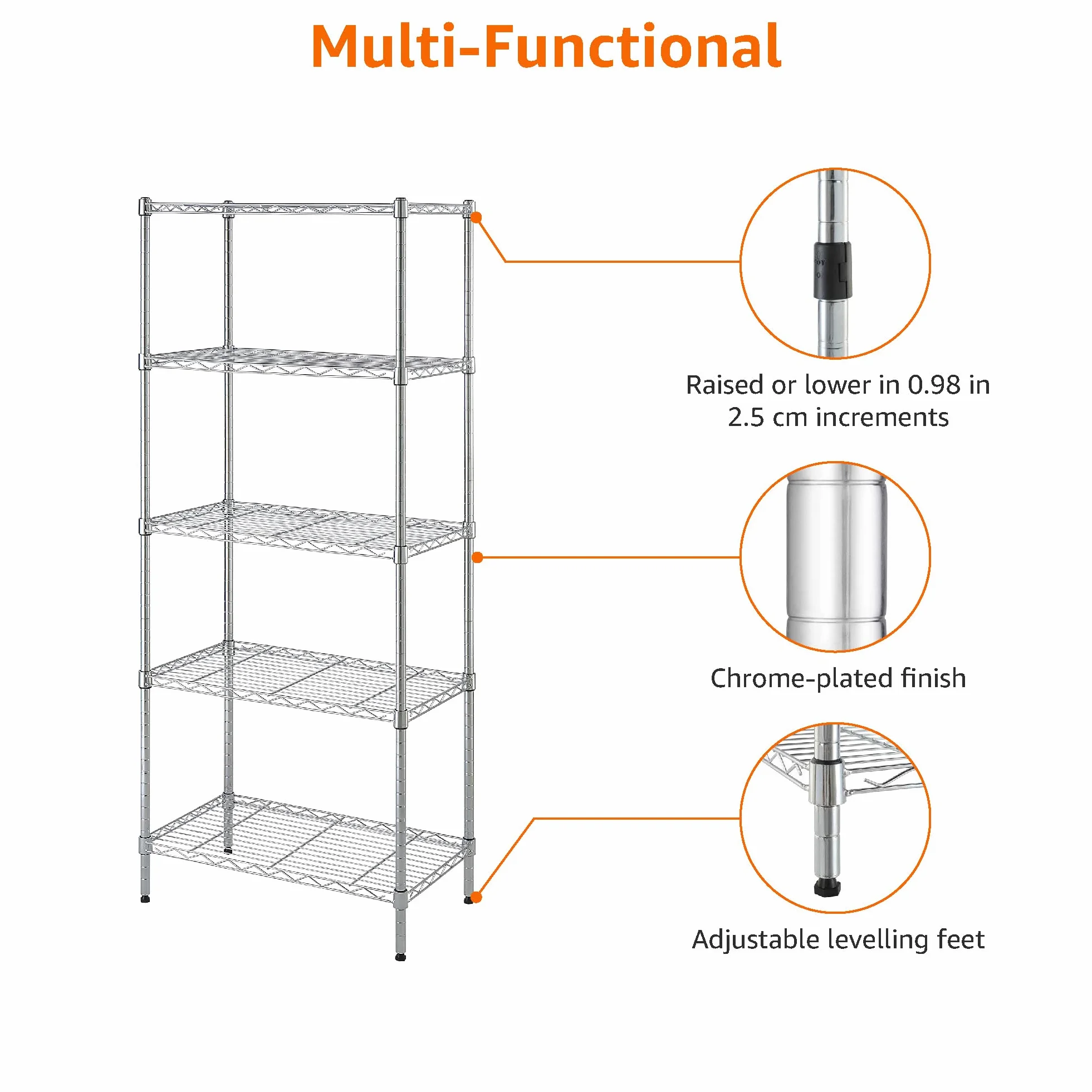 Amazon Basics Wąska szafka do przechowywania, z 5 półkami o regulowanej wysokości, z nóżkami poziomującymi, udźwig maksymalny 453 kg, 34 x 58,9 x 152,5 cm (gł. x szer. x wys.), chrom