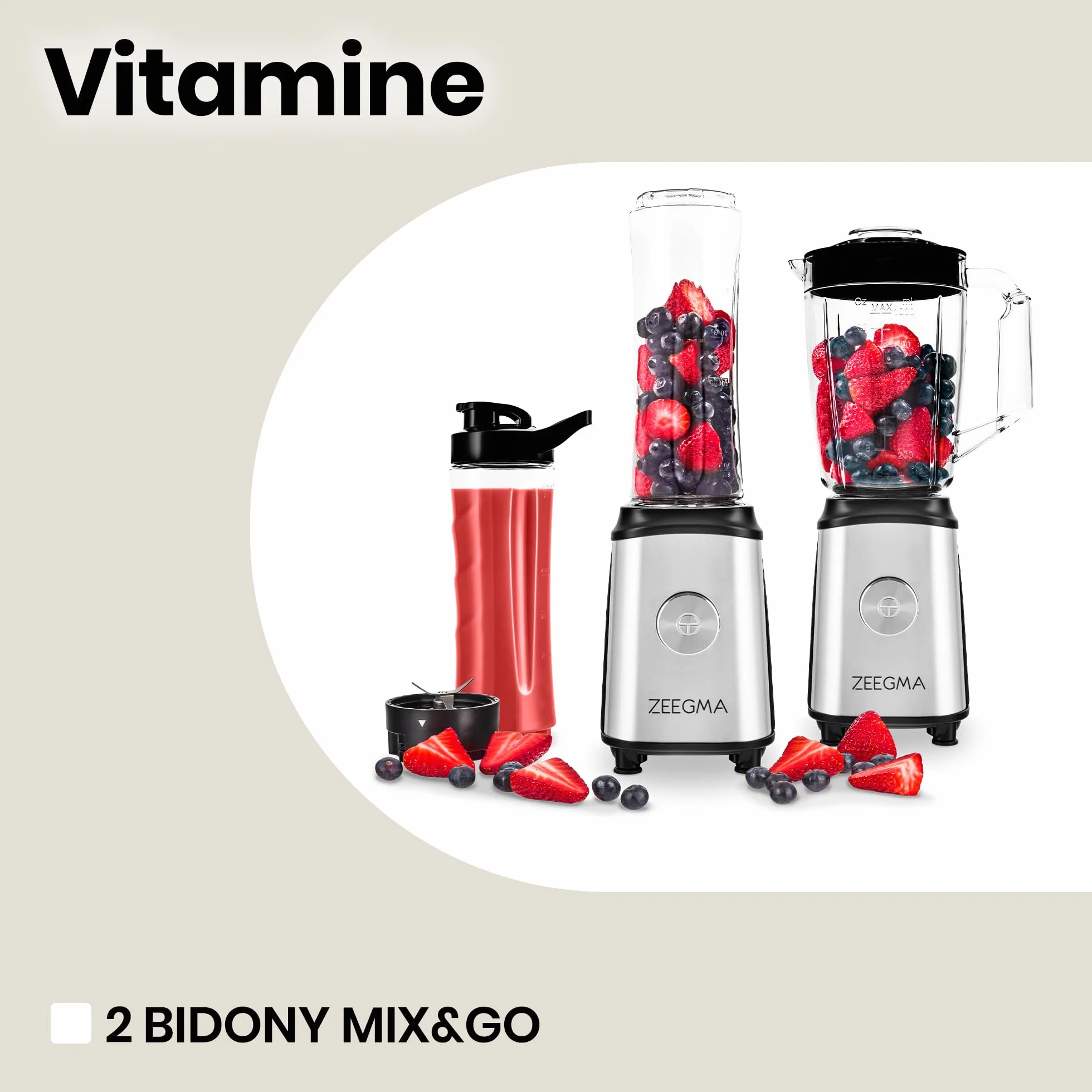 ZEEGMA Blender 4w1 1050W, Mikser z Młynkiem do Kawy, Kielich 1L, Bidony 600ml, Metalowa Obudowa, BPA Free
