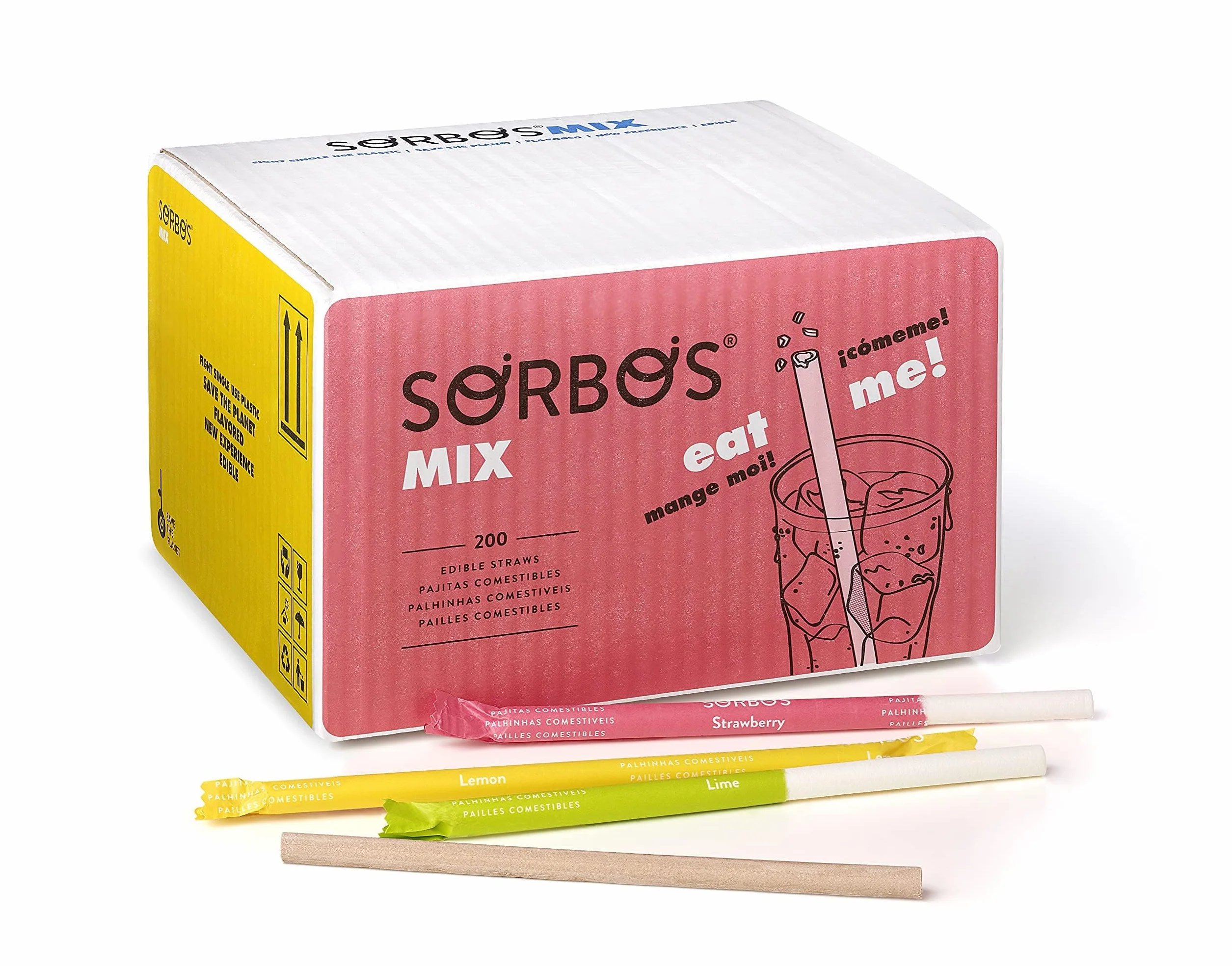 Sorbos - Słomki jadalne, różne smaki (czekoladowy, limonkowy, cytrynowy i truskawkowy). Zrównoważone, pakowane pojedynczo, bez alergenów, bezglutenowe, w 100% biodegradowalne (200 sztuk)
