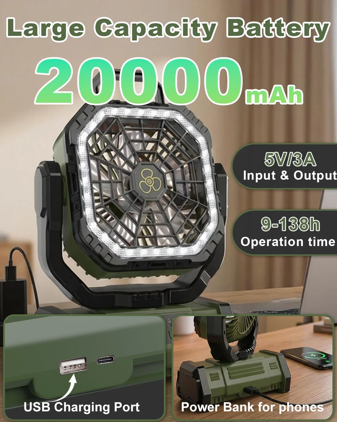Przenośny wentylator kempingowy 20000 mAh z oświetleniem LED, cichy tryb snu, obrót 270°, pilot, haczyk, akumulator