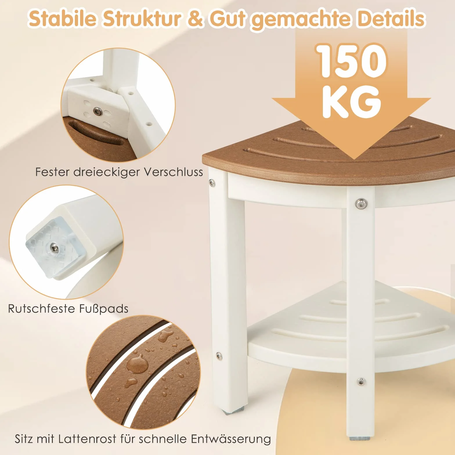 COSTWAY Ławeczka prysznicowa 165 kg 32,5 x 32,5 x 43,5 cm brązowy biały