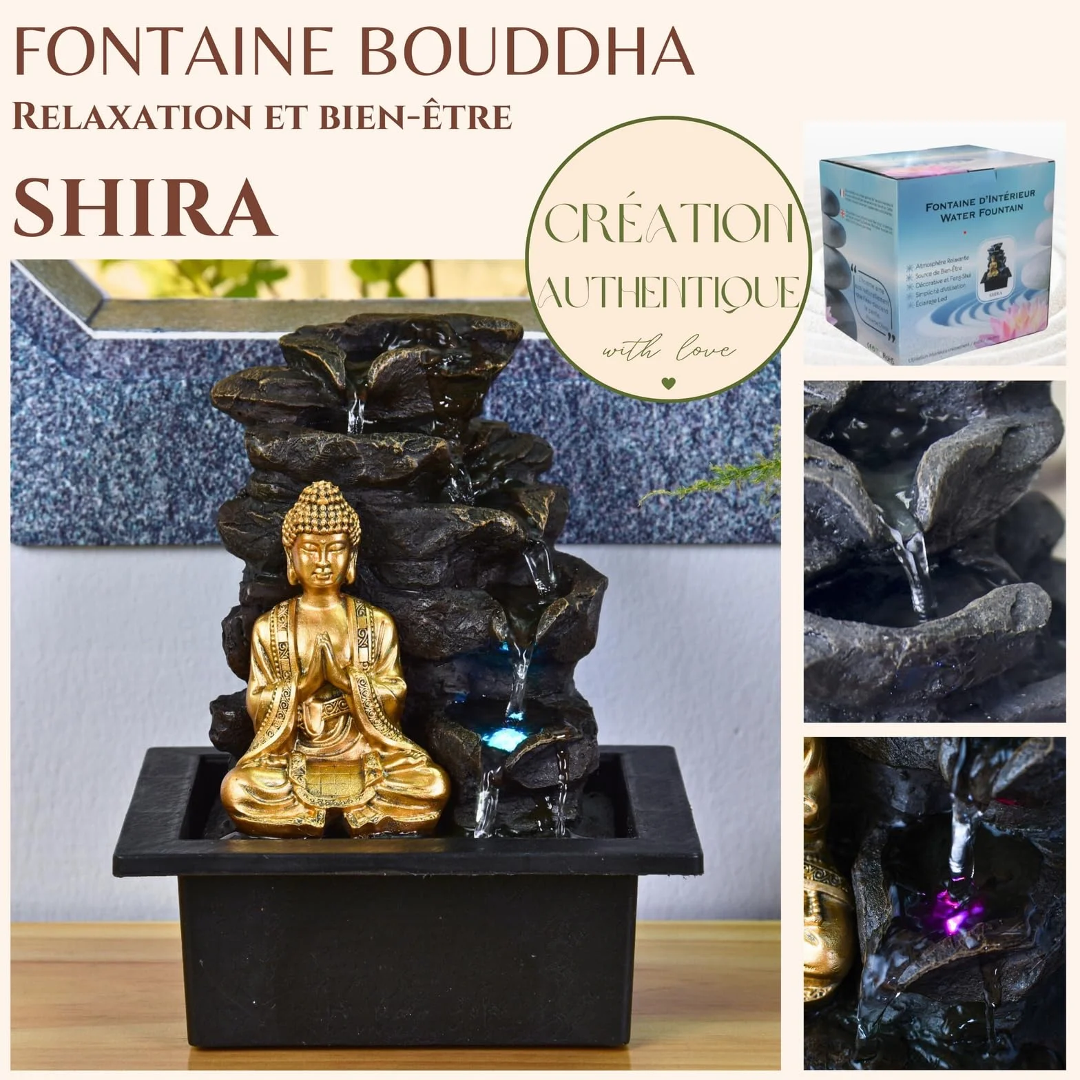 Zen'Light Shira fontanna pokojowa z pompą i oświetleniem LED, żywica syntetyczna, rozmiar uniwersalny