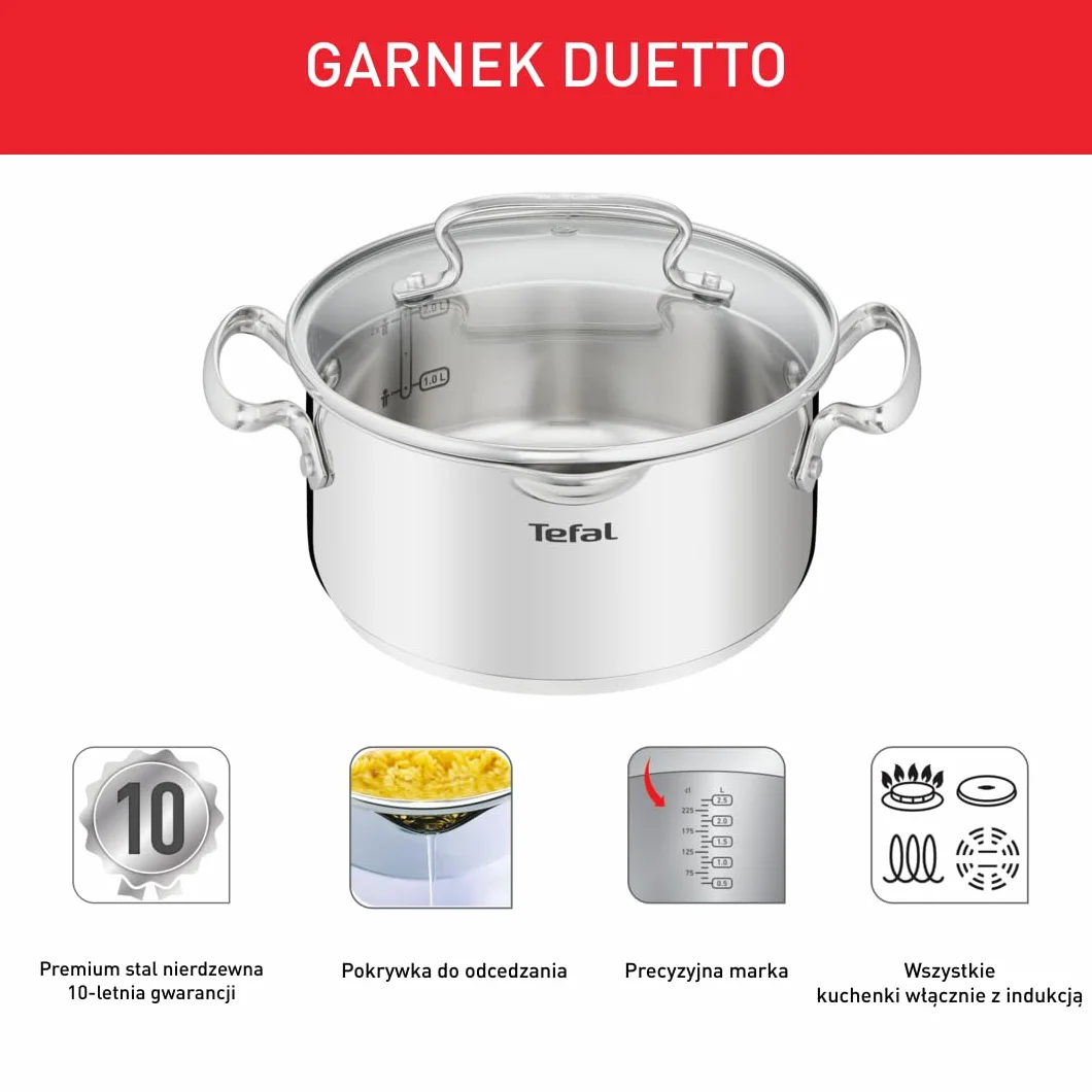 TEFAL A70544 Duetto Garnek, 20 cm, stal nierdzewna, do wszystkich kuchenek, grube dno indukcyjne, miarka wewnątrz garnka, boczne profile, nitowane uchwyty, Srebrny