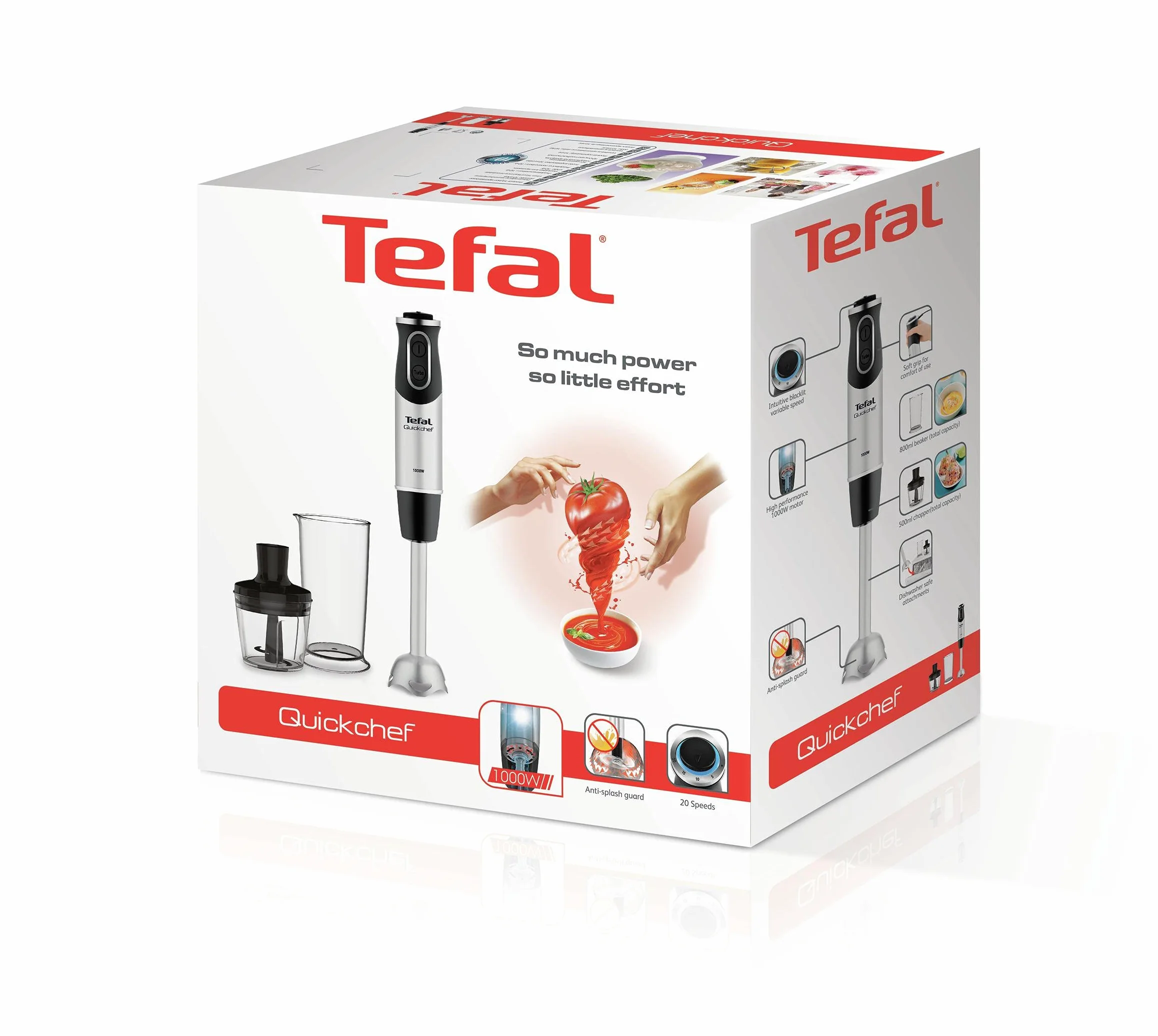 TEFAL QuickChef HB659838, Blender ręczny o mocy 1000W, Stalowo-czarny, 20 prędkości, Pojemnik do blendowania 800 ml, Mini-rozdrabniacz 500 ml, Osłona przed chlapaniem