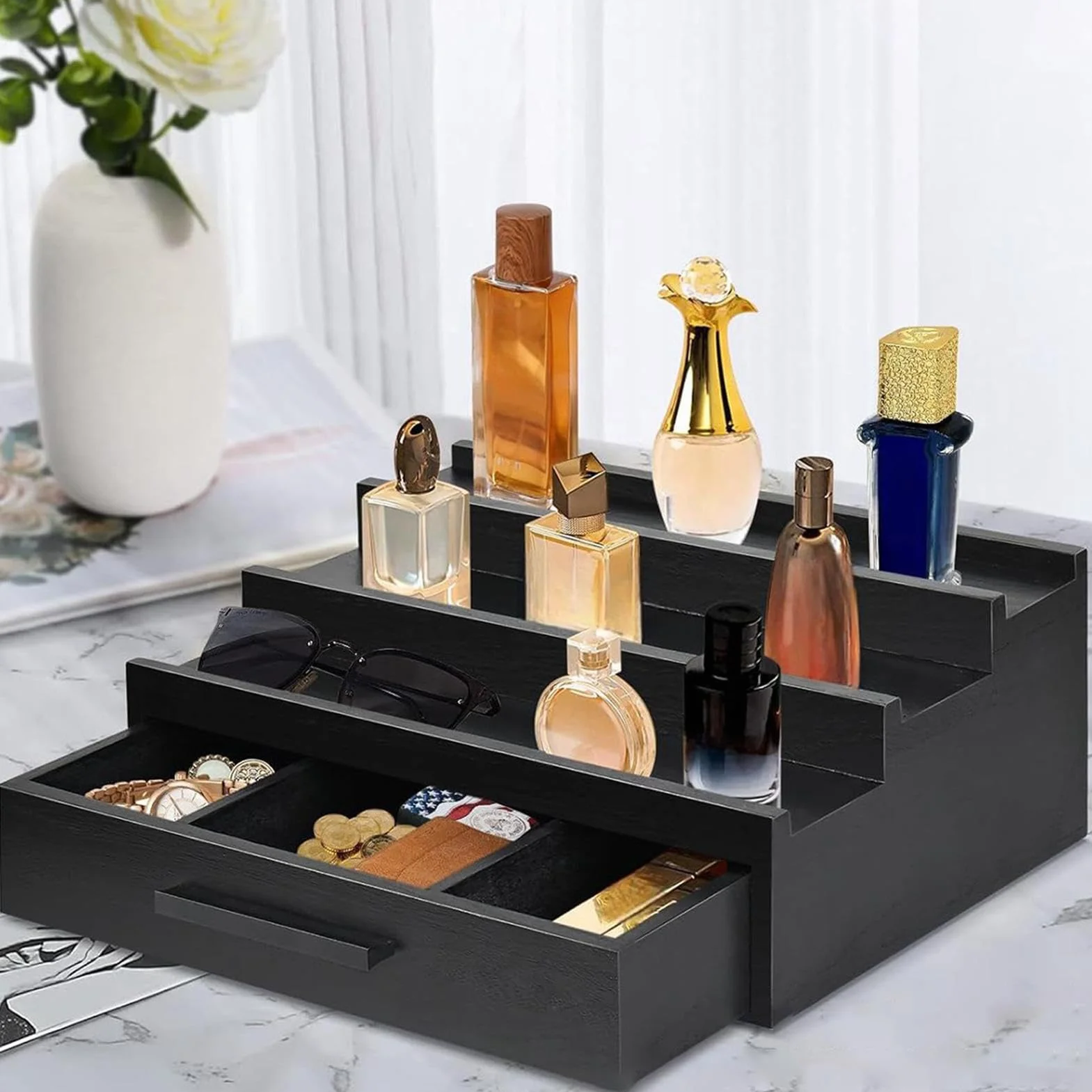 Drewniana taca na perfumy czarny organizer stojak męski elegancka wielofunkcyjna