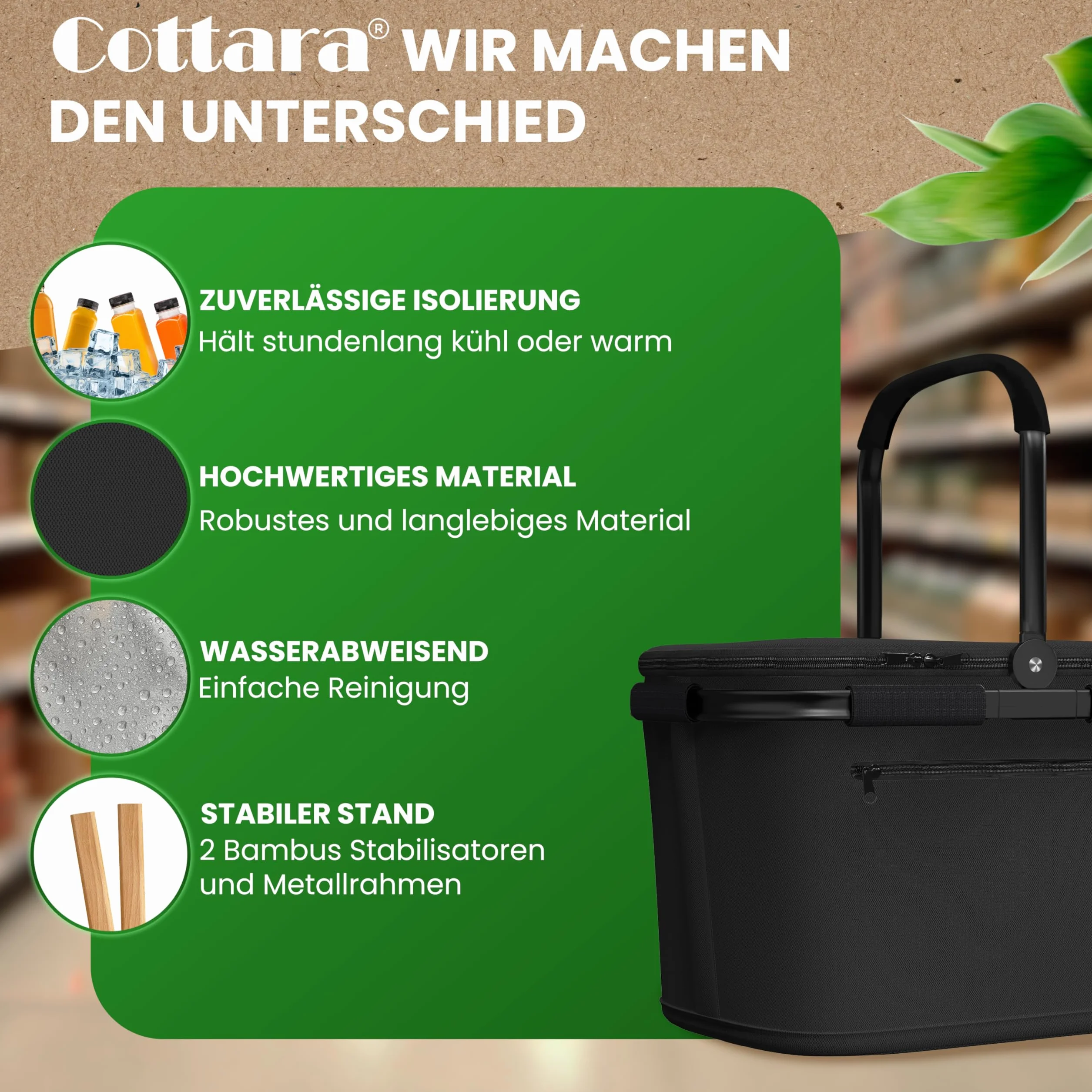Cottara Termiczny kosz na zakupy, duża torba chłodząca, izolowany kosz na zakupy z pokrywą, wzmocnione dno, kieszeń przednia z zamkiem błyskawicznym, idealny jako kosz chłodzący lub piknikowy (czarny)