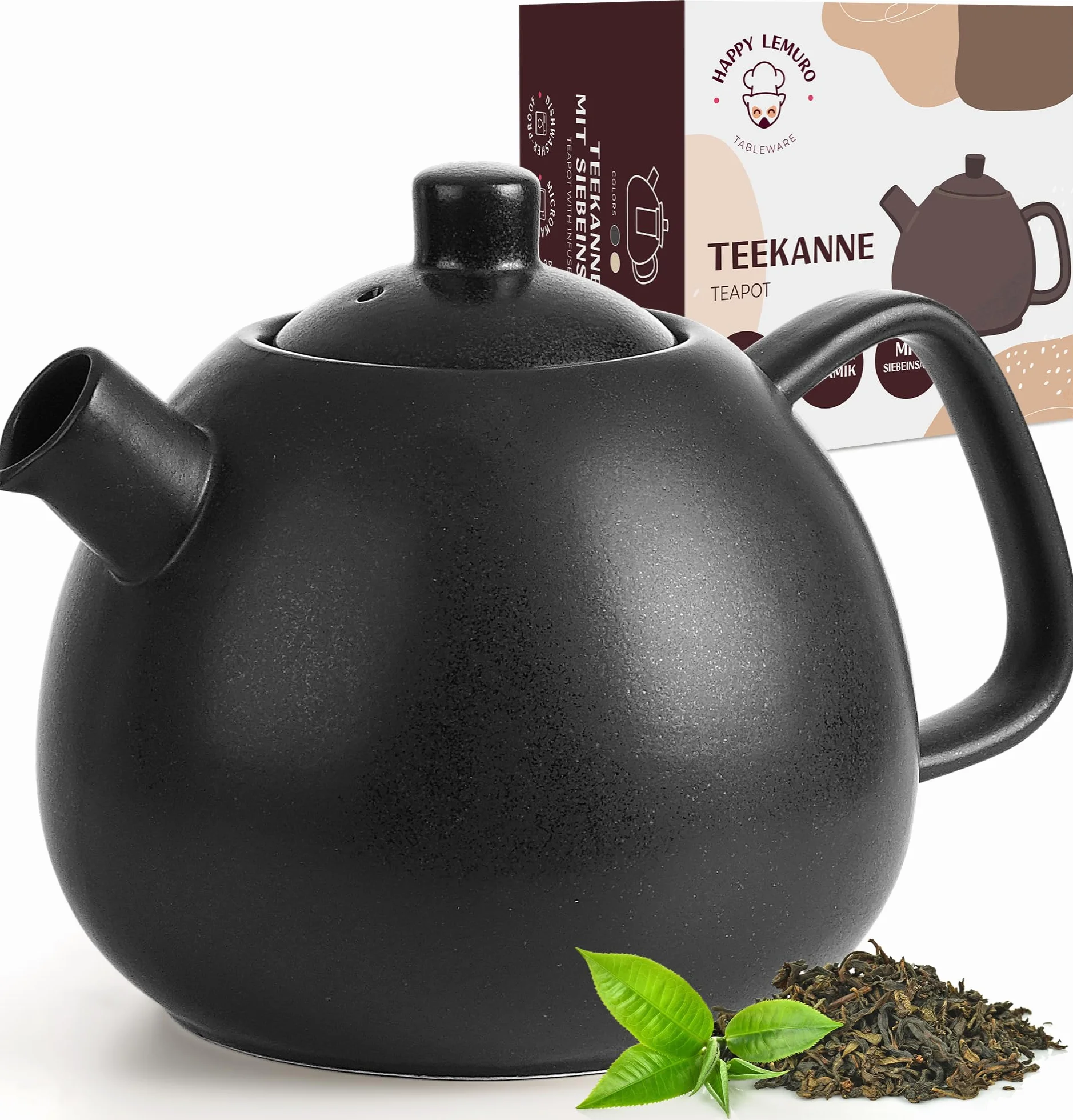 Duża dzbanka do herbaty z sitkiem - 1,4 l - dzbanka do herbaty ceramiczna - nowoczesna dzbanka do herbaty z sitkiem na luźną herbatę, trwała i neutralna w zakresie aromatu (Antracyt)