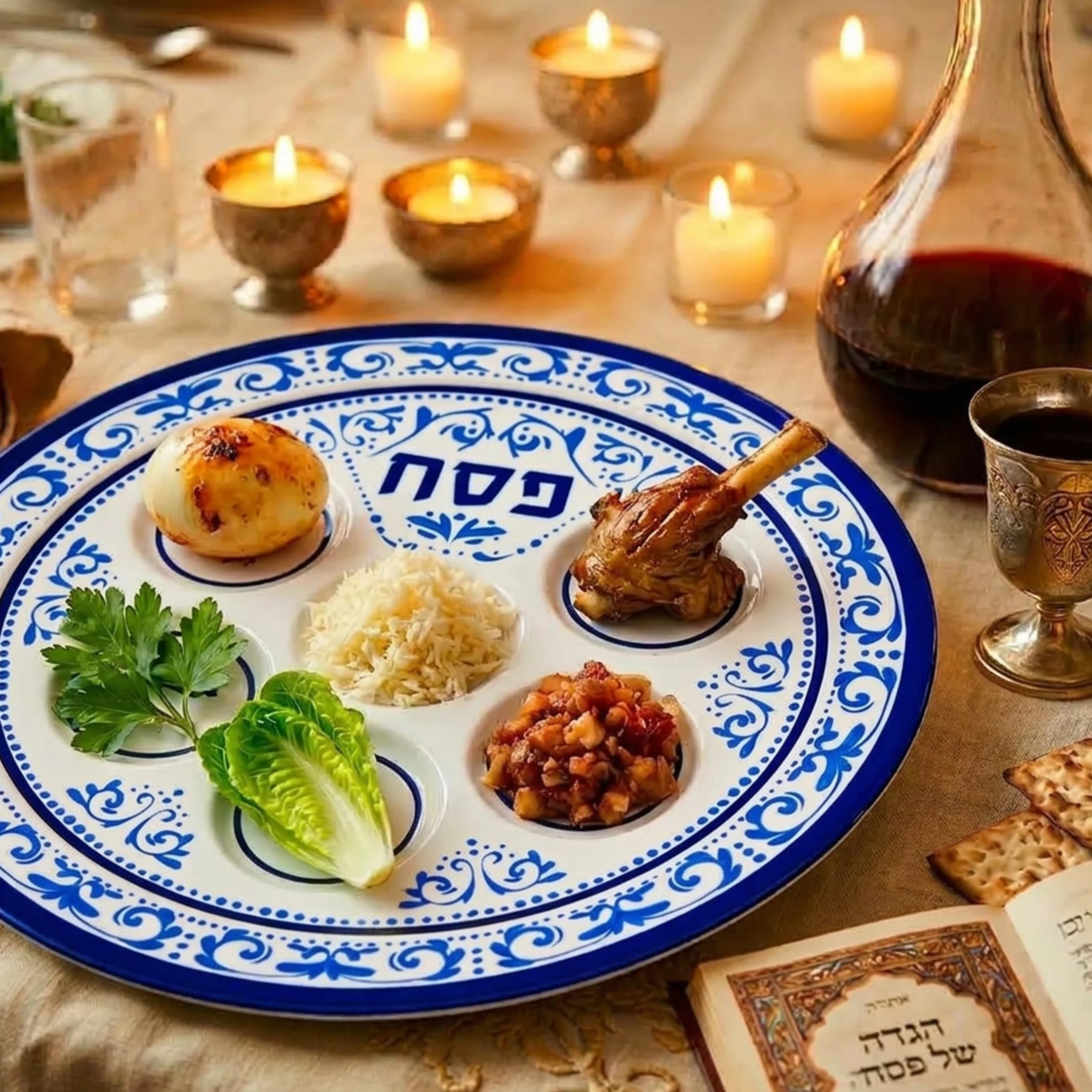 Talerz sederowy paschalny 30 cm melamina 6 sekcji Zion Judaica niebieski kwiatowy