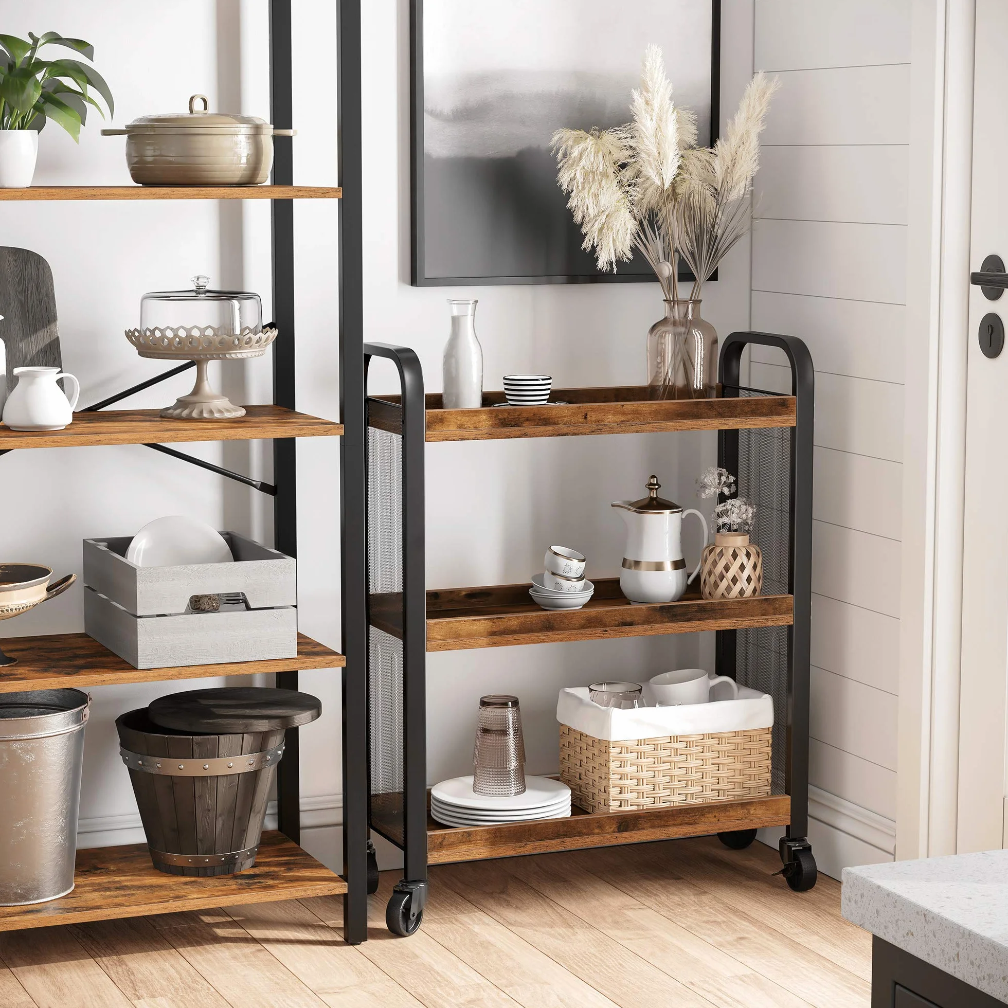 VASAGLE wózek do serwowania, oszczędzający miejsce wózek kuchenny z uniwersalnymi kółkami, półka kuchenna z regulowanymi nóżkami, solidna metalowa rama, 66 x 26 x 85 cm, wzornictwo przemysłowe, vintage brązowo-czarny LRC66BX