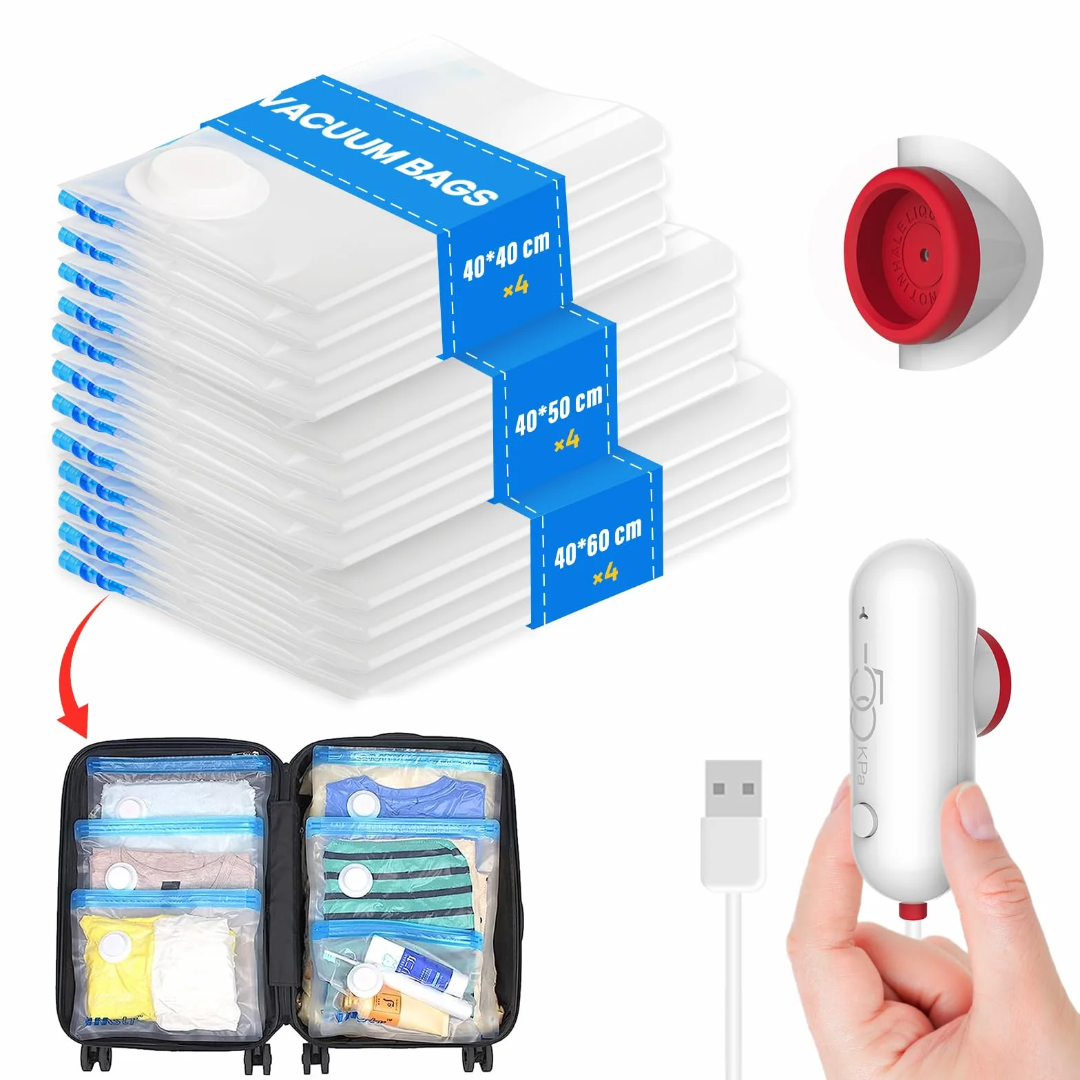 Worki próżniowe do ubrań z pompką USB 12 sztuk 40x40 40x50 40x60 cm