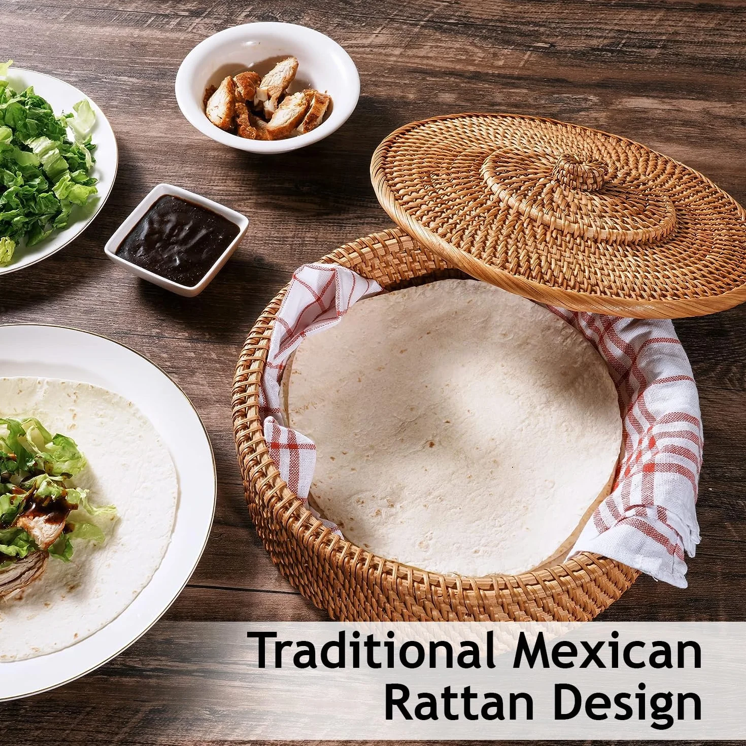 Tortillada Podgrzewacz Tortilli 26 cm Rattan Ręcznie Wykonany Kosz na Chleb z Bawełnianą Tkaniną Utrzymuje Ciepło