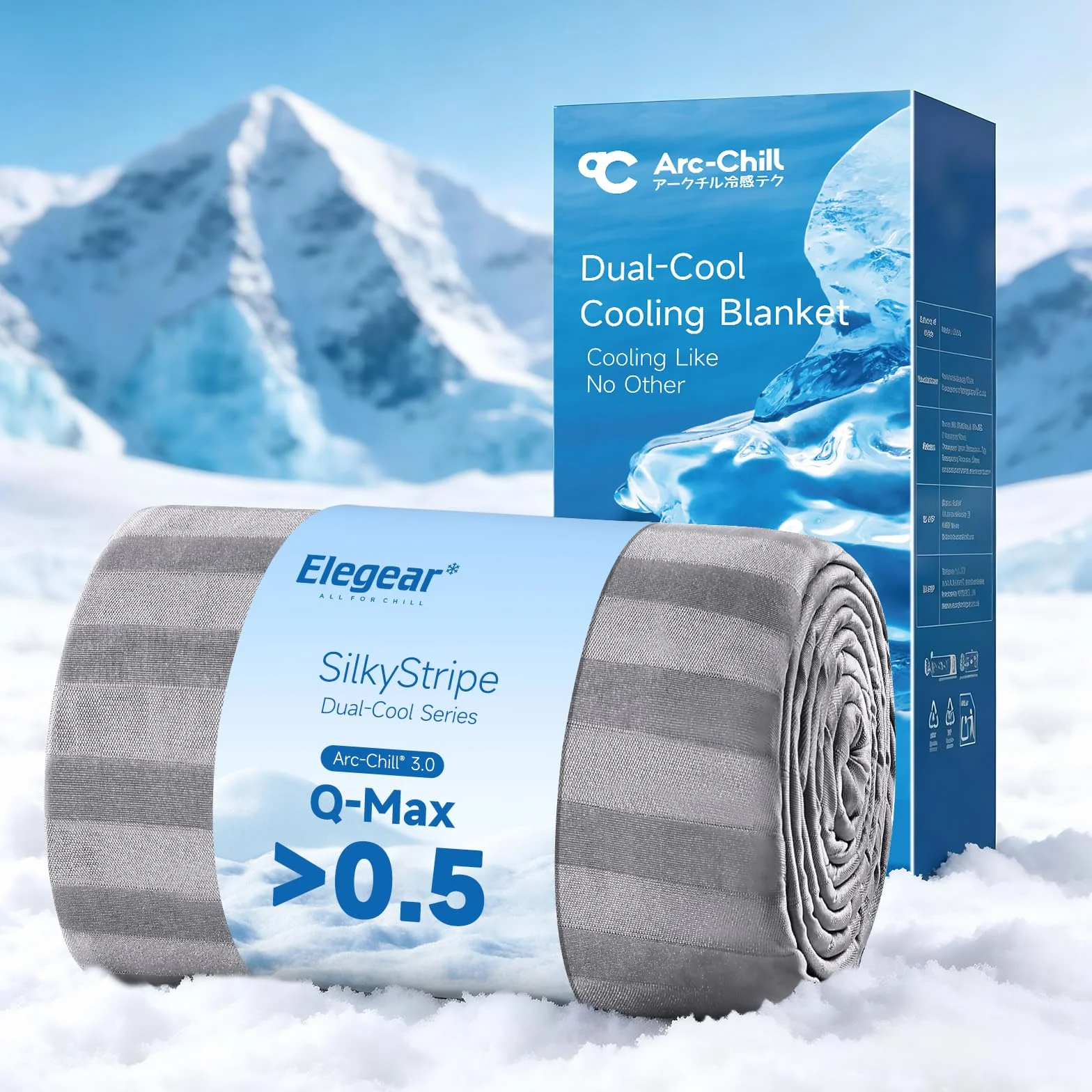 Koc chłodzący Elegear 150x200 cm na nocne poty, Q-Max>0.5, letni koc z włókna Arc-Chill 3.0 dla osób gorąco śpiących. Oddychający, lekki, rozmiar Podwójne/Królewskie, niebieski w paski