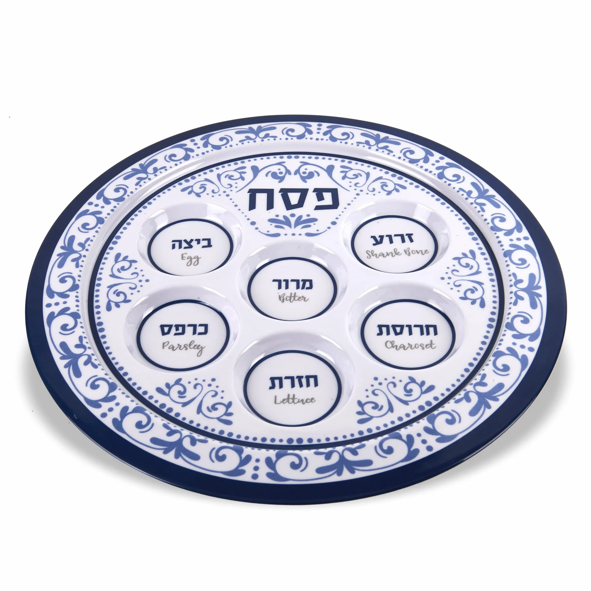 Talerz sederowy paschalny 30 cm melamina 6 sekcji Zion Judaica niebieski kwiatowy