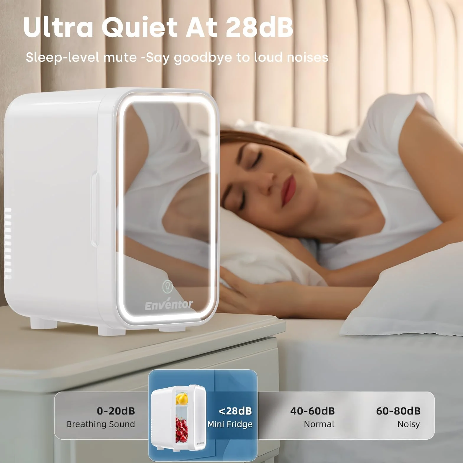 Enventor Mini lodówka 6 l/8 puszek, kosmetyczna lodówka z przyciemnianym lustrem LED, AC + 12 V DC, chłodnica i ogrzewacz do sypialni, domu, do samochodu, pielęgnacji skóry i żywności, biała