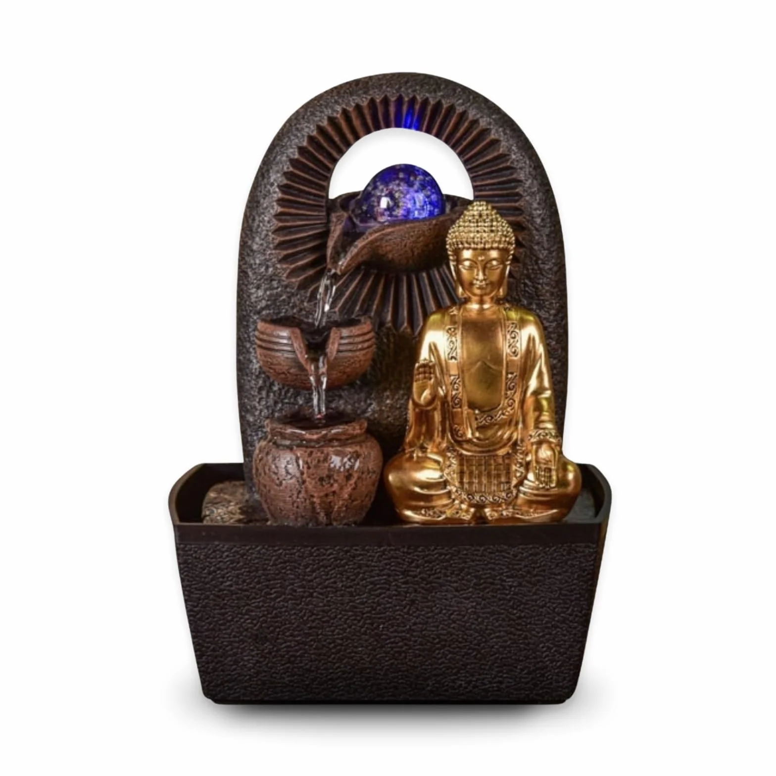 Zen'Light - Fontanna pokojowa Budda Bhava – dekoracja Zen, idealna do medytacji i relaksu – fontanna stołowa z zamkniętym obiegiem – zmieniające się kolory oświetlenie LED, woda przepływa na 3