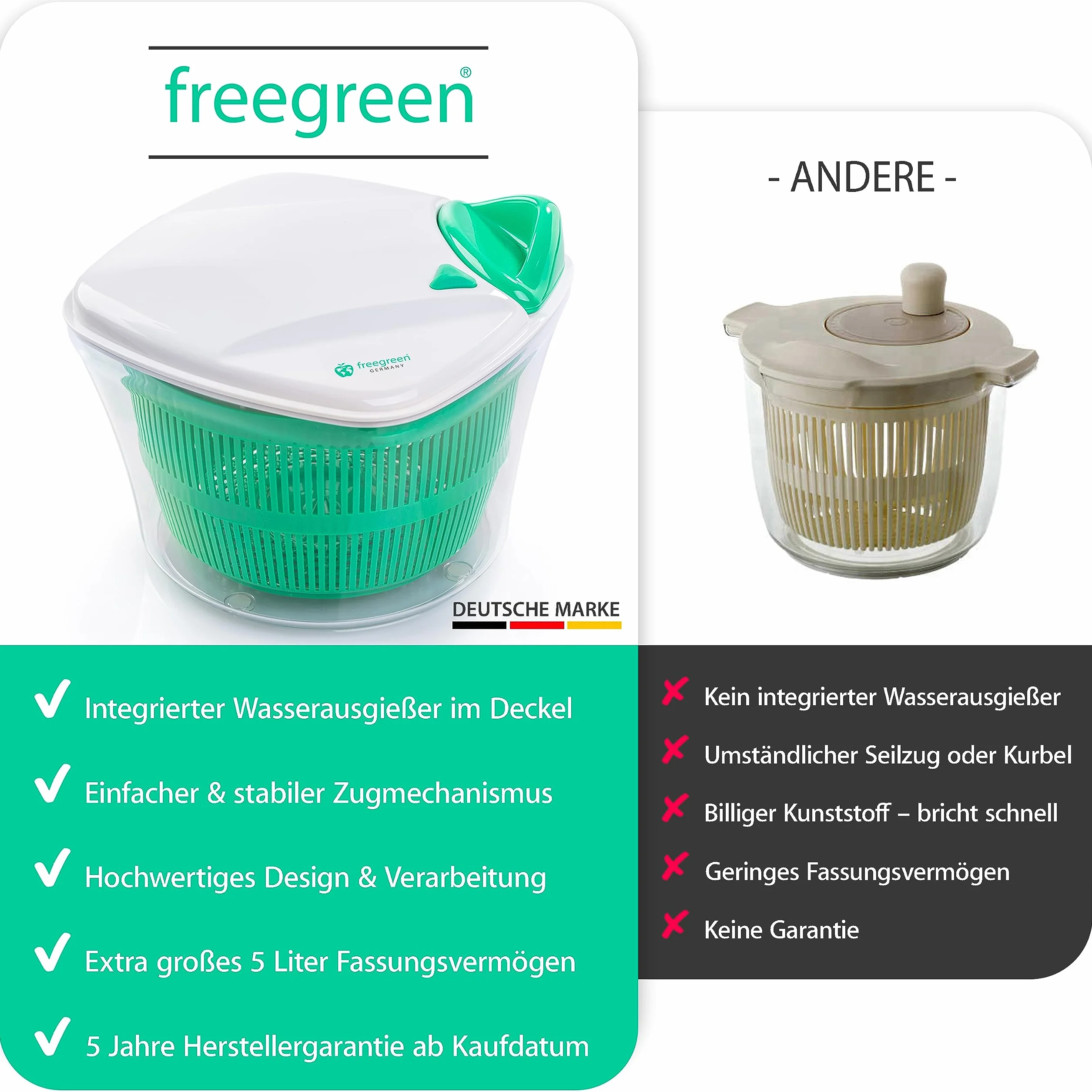 Freegreen Germany wirówka do sałaty 5 l z opatentowanym mechanizmem ciągnącym