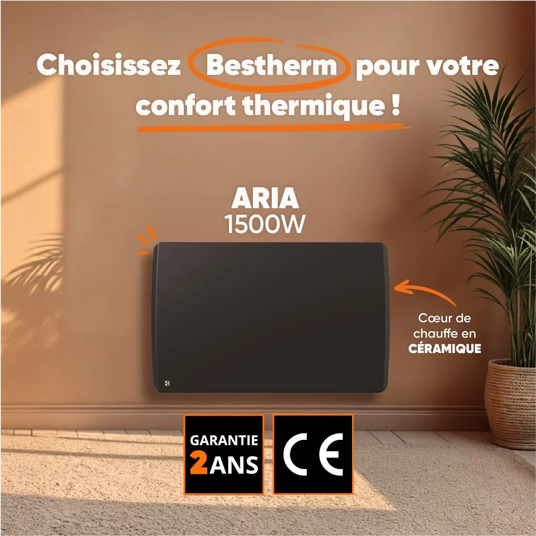 BESTHERM - Ceramiczny grzejnik elektryczny stały bezwładnościowy 1500W Bestherm ARIA poziomy czarny