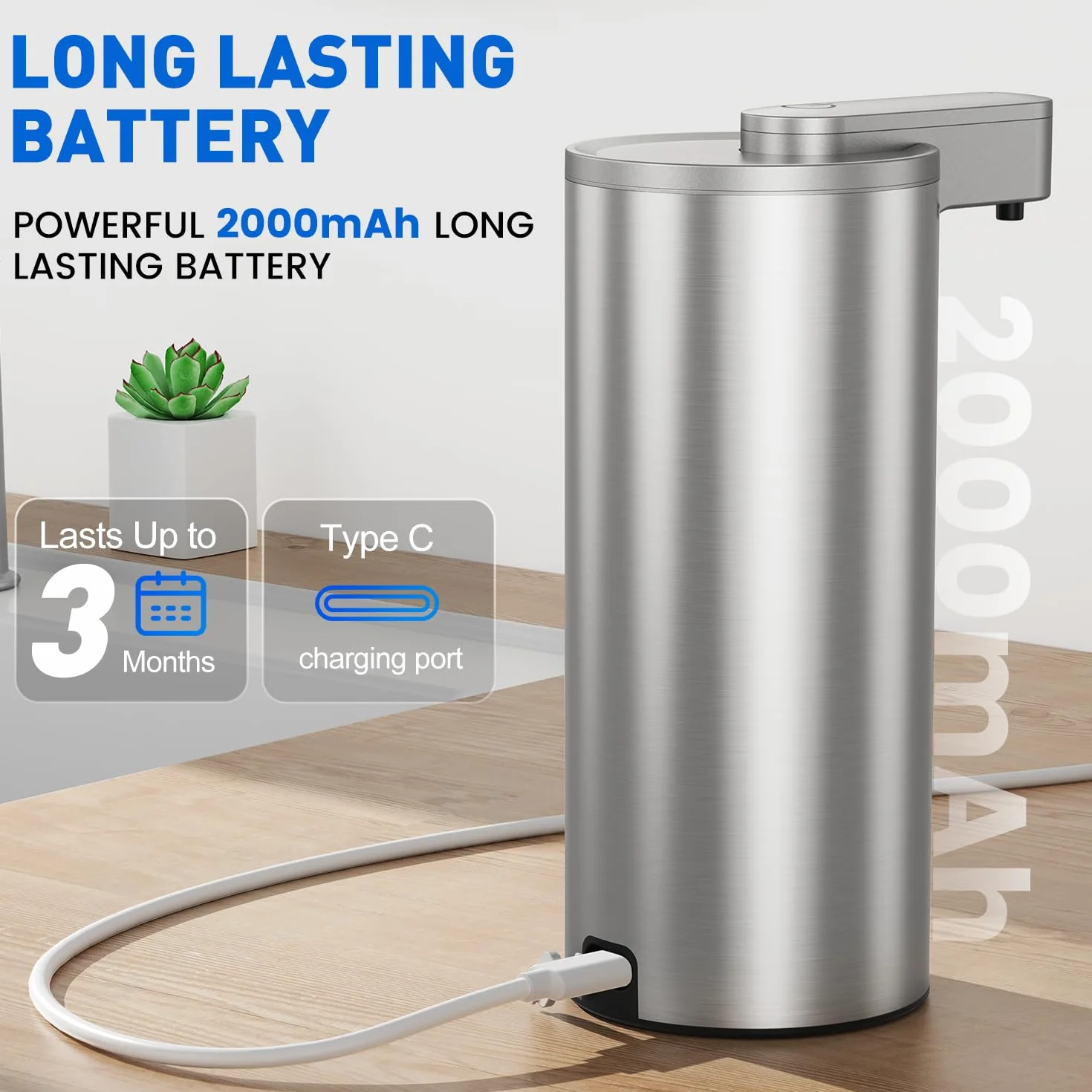 Fachixy Automatyczny dozownik mydła, szczotkowana stal nierdzewna, bezdotykowy, 340 ml, elektryczny dozownik mydła z czujnikiem, ładowany przez USB, do łazienki, kuchni