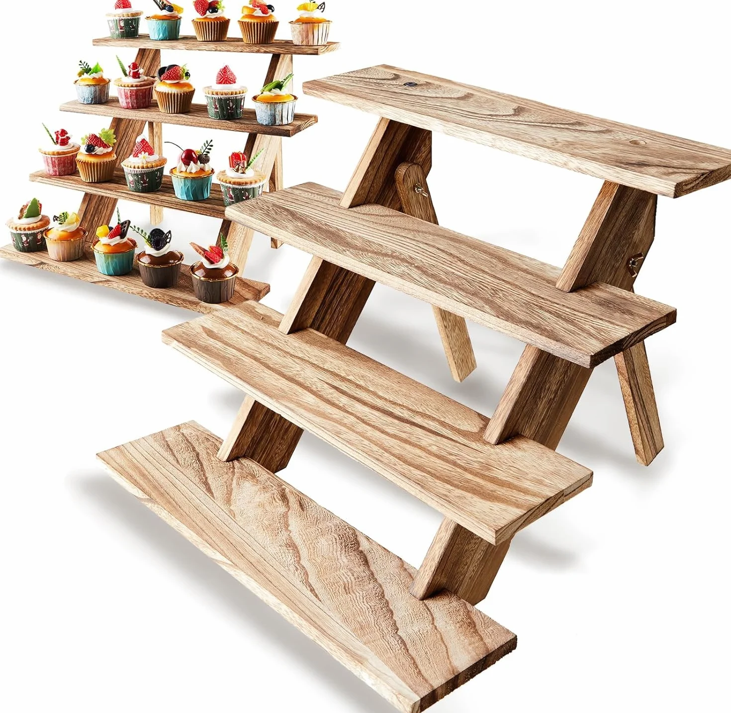 Drewniany stojak ekspozycyjny, 4-poziomowa półka ekspozycyjna, blat kuchenny, półka, organizer na perfumy, stojak na figurki, desery, imprezę, do makijażu, figurek, lalek, przypraw