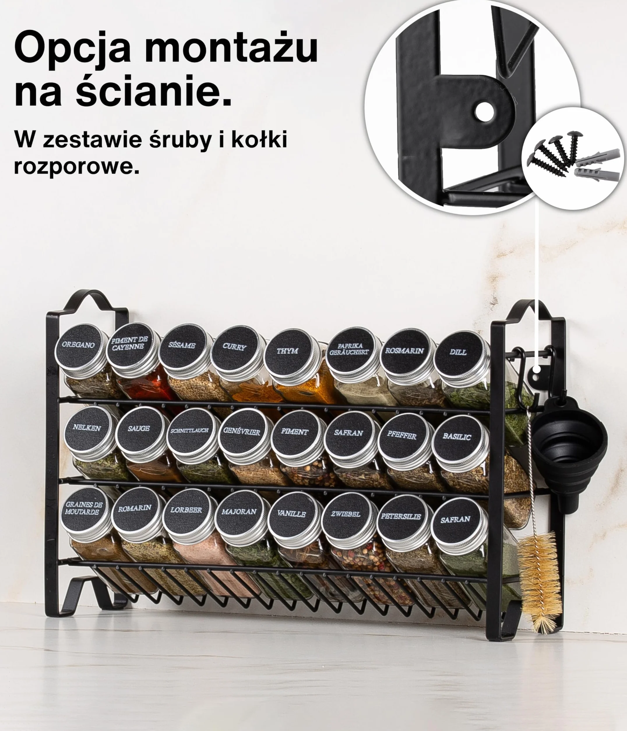 Deco Haus® Stojak na Przyprawy ze Słoikami na Przyprawy - 3-poziomowy Metalowy Organizer Kuchenny - 24 Słoiczki, 48 Etykiet, Pędzelek, Haczyki, Lejek - Półka Wolnostojąca lub na Ścianę - Czarny Regał