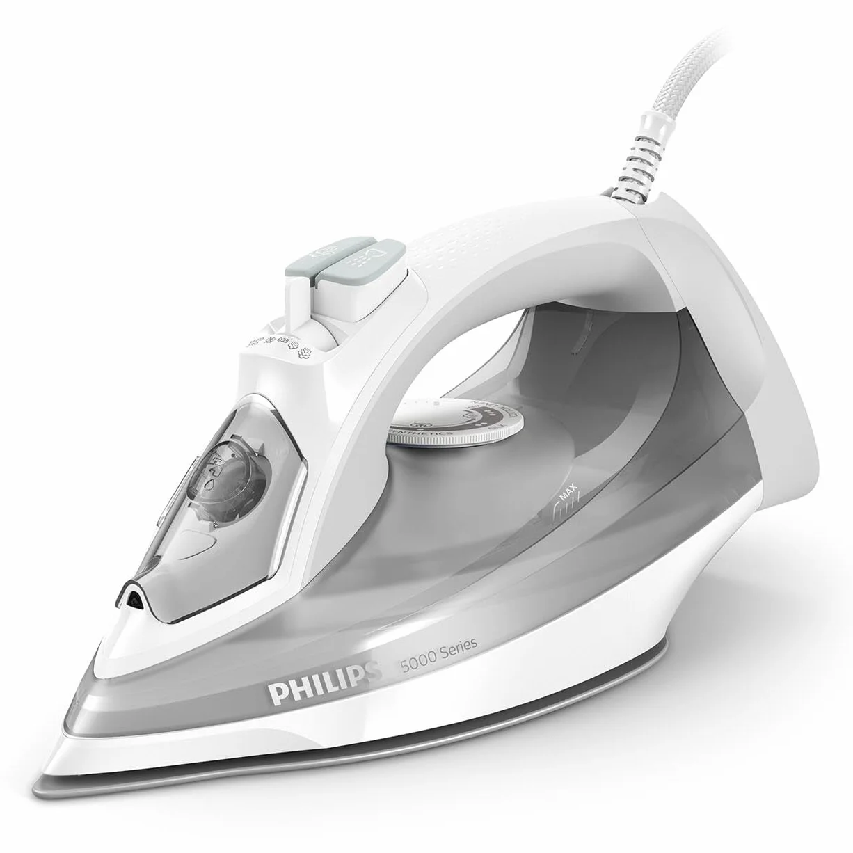 Philips Żelazko Parowe z serii 5000-2400W, Strumień pary 40g/min, Silne uderzenie pary 160g, Pionowy strumień pary, Stopa żelazka SteamGlide Plus, Białe/Szare (DST5010/10)